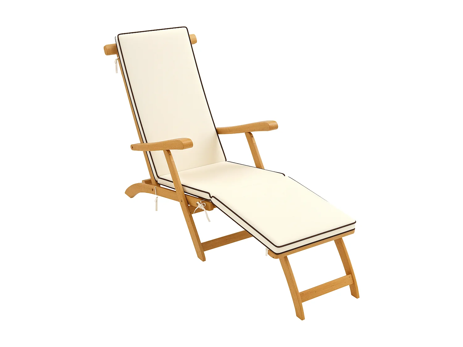 Chaise longue pliable en bois d'acacia verni avec matelas repose-pieds grand confort crème
