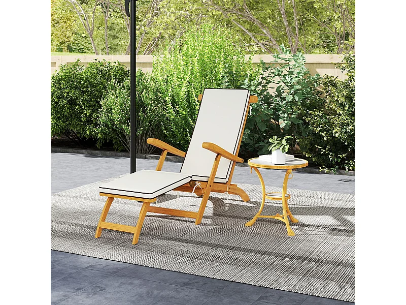 Chaise longue pliable en bois d'acacia verni avec matelas repose-pieds grand confort crème