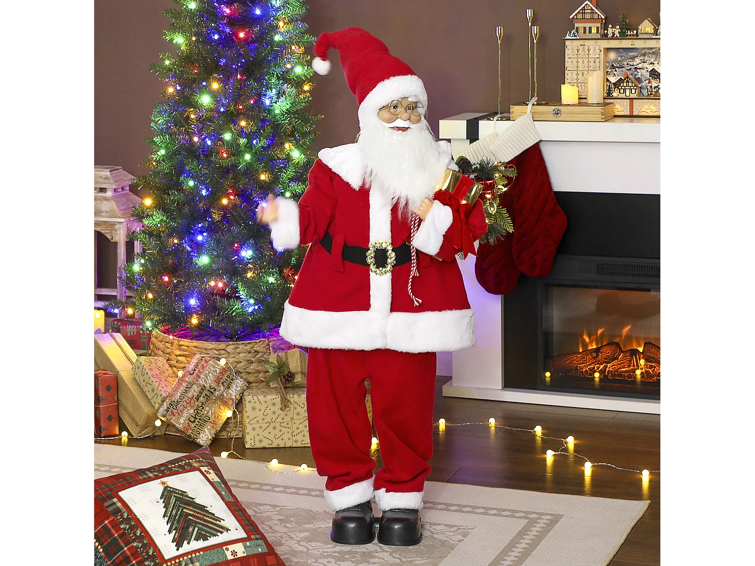 Figurine Père Noël Animée 120 cm Rouge Commande Vocale et Lumières LED
