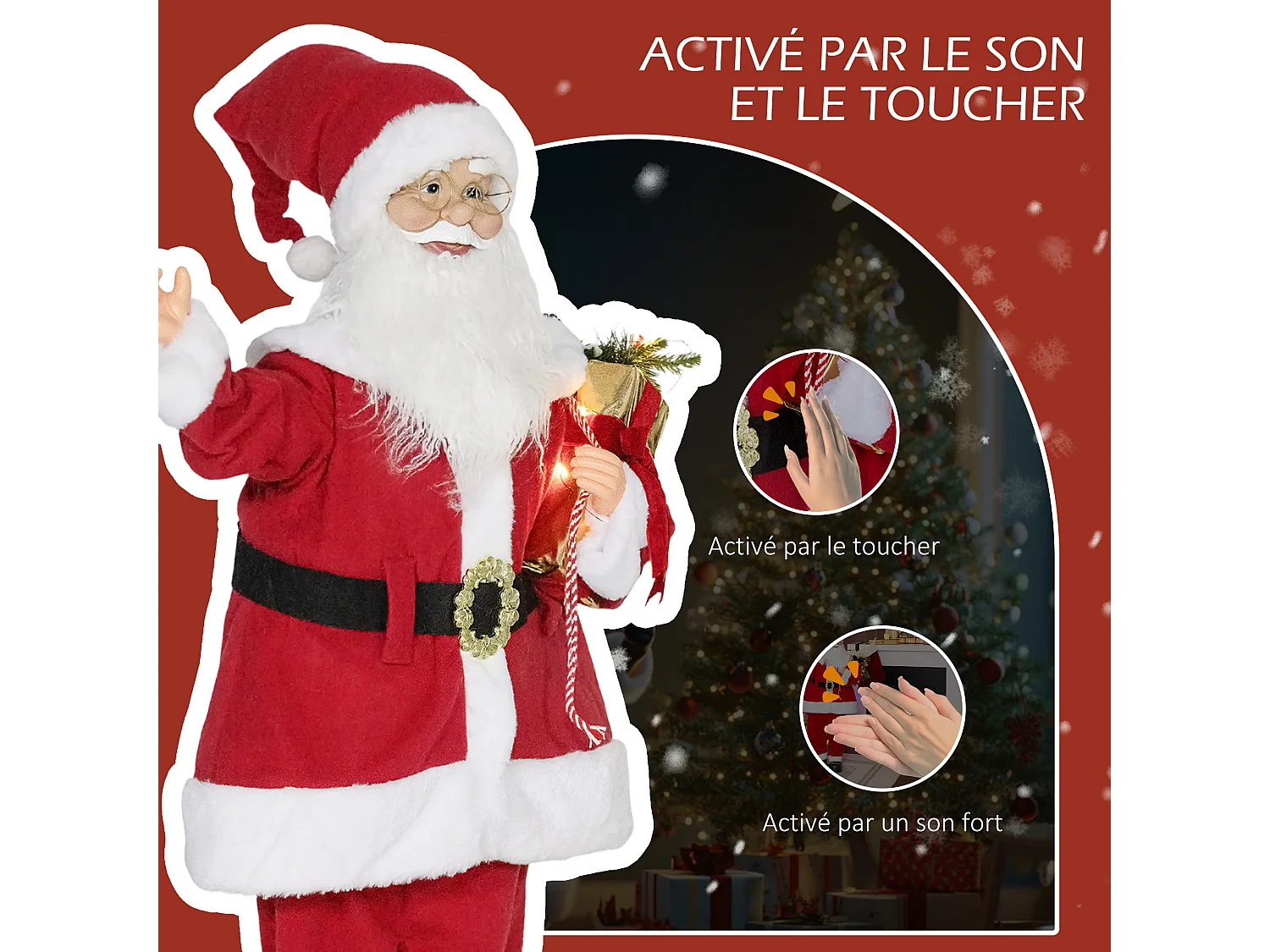 Figurine Père Noël Animée 120 cm Rouge Commande Vocale et Lumières LED