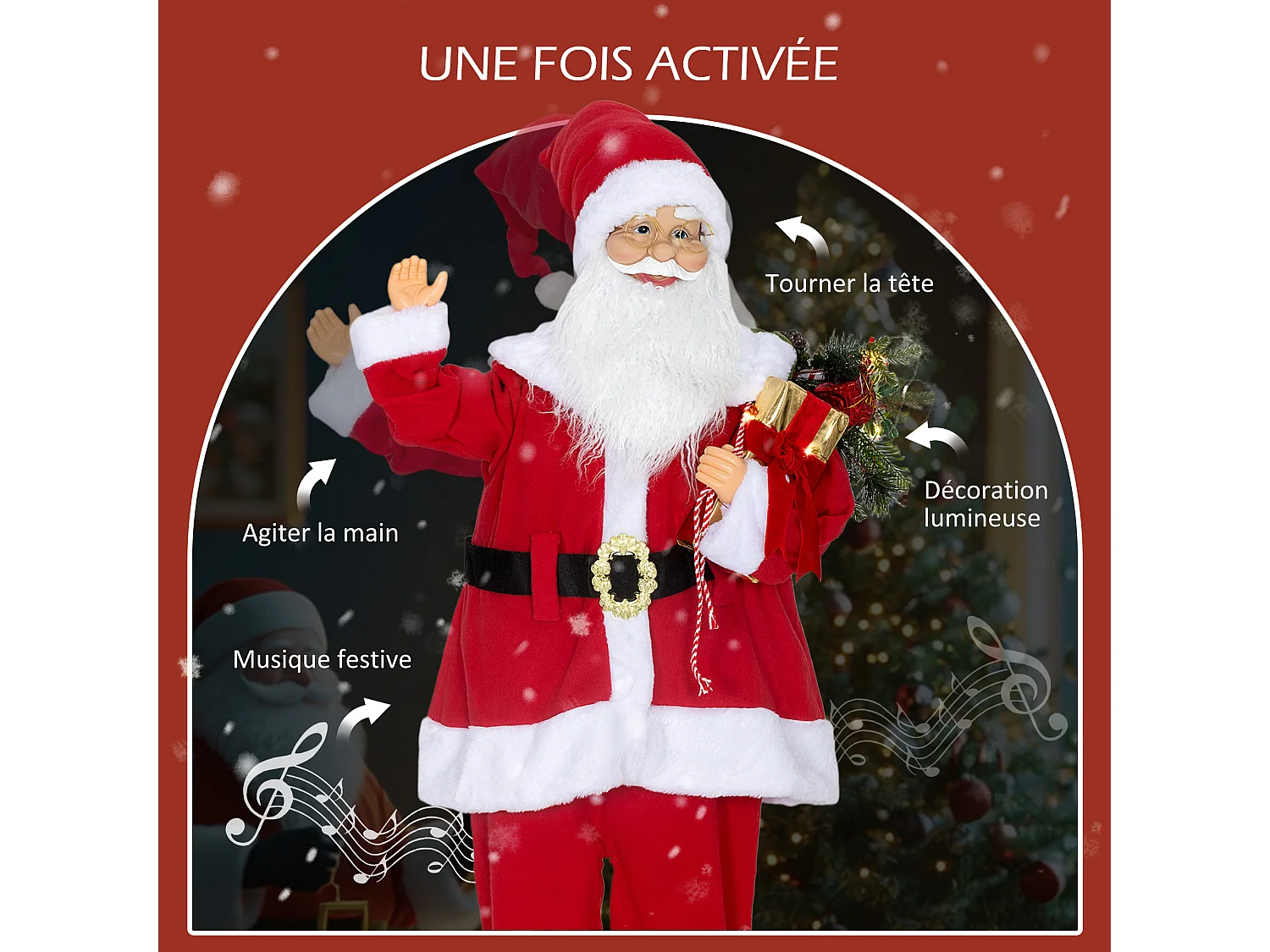 Figurine Père Noël Animée 120 cm Rouge Commande Vocale et Lumières LED