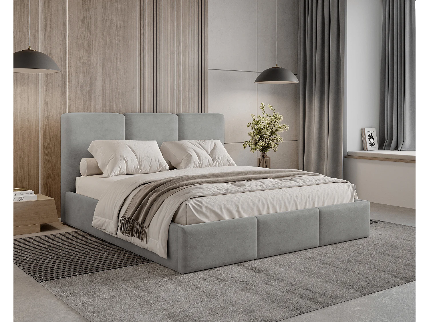 BESILIO Lit tapissé avec coffre de rangement 120x200 Elora – lit fin avec tête de lit décorative et cadre en métal – Gris