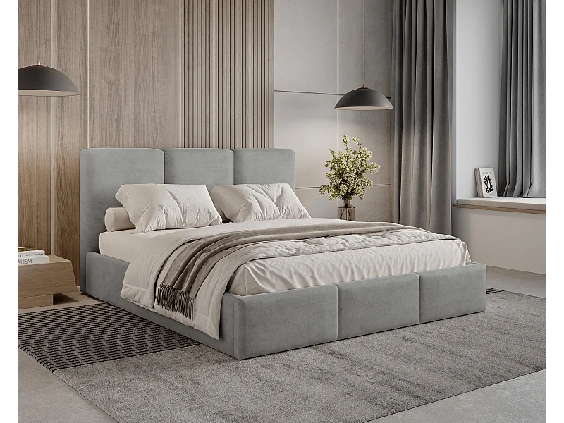 BESILIO Lit tapissé avec coffre de rangement 120x200 Elora – lit fin avec tête de lit décorative et cadre en métal – Gris