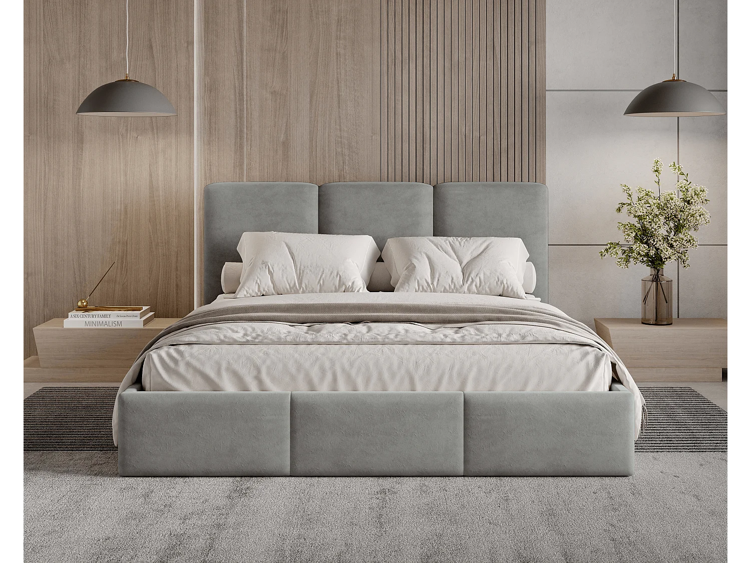 BESILIO Lit tapissé avec coffre de rangement 180x200 Elora – lit fin avec tête de lit décorative et cadre en métal – Gris