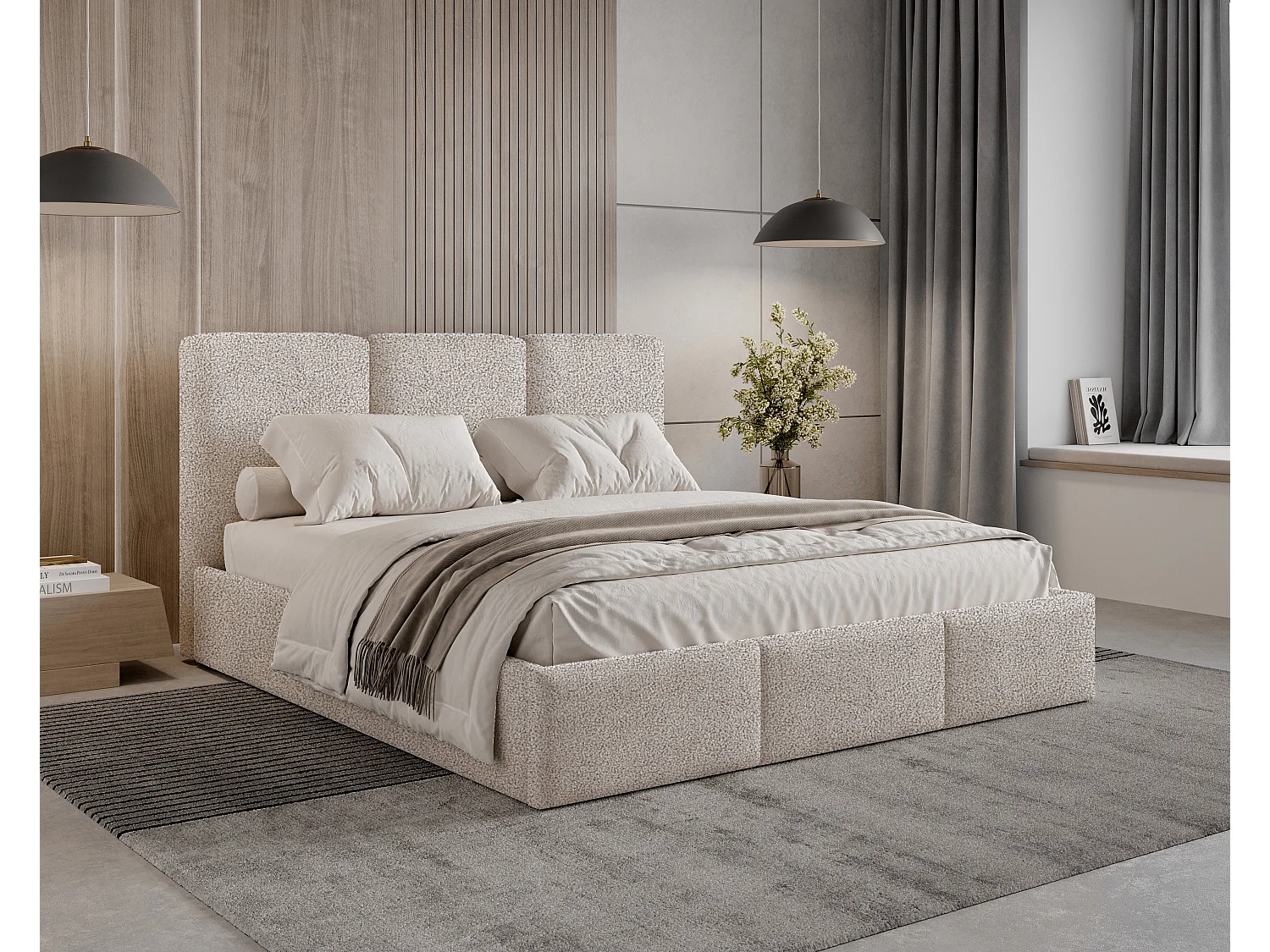 Gestoffeerd bed 180x200 Elora bouclé – bed met opbergruimte en lattenbodem, modern opbergbed, slaapkamerbed, trendy bouclé stof – Beige