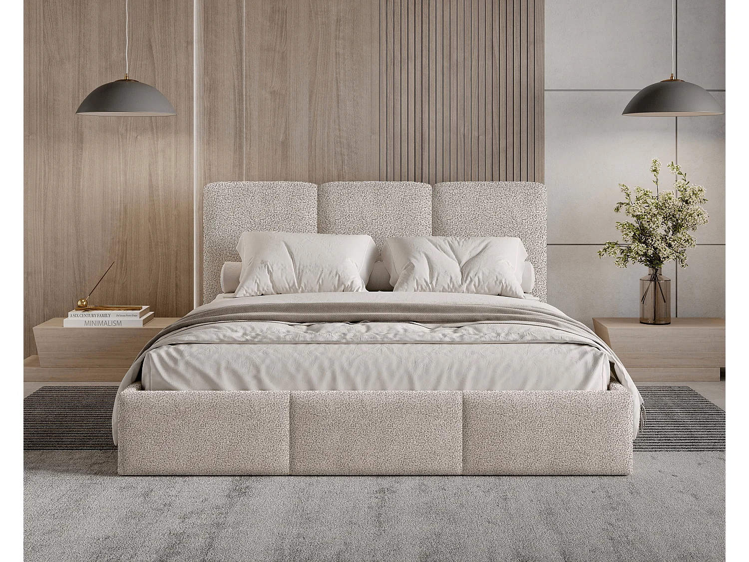 Gestoffeerd bed 180x200 Elora bouclé – bed met opbergruimte en lattenbodem, modern opbergbed, slaapkamerbed, trendy bouclé stof – Beige