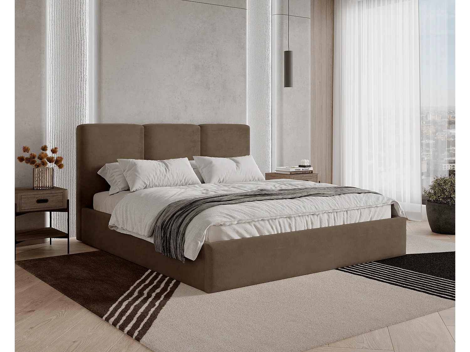 BESILIO Lit tapissé avec coffre de rangement 160x200 Mira – lit fin et minimaliste avec cadre en métal – Marron