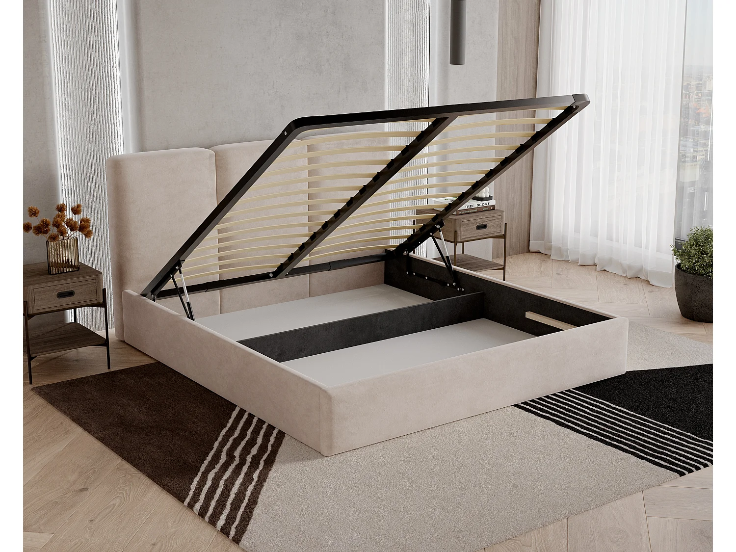 BESILIO Lit tapissé avec coffre de rangement 160x200 Mira – lit fin et minimaliste avec cadre en métal – Marron