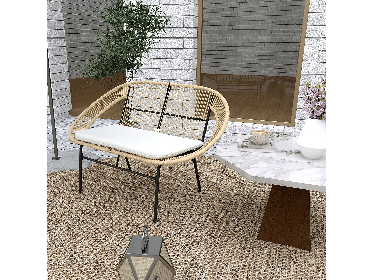 Banc de jardin 2 places style Acapulco coussin assise crème inclus résine filaire effet rotin