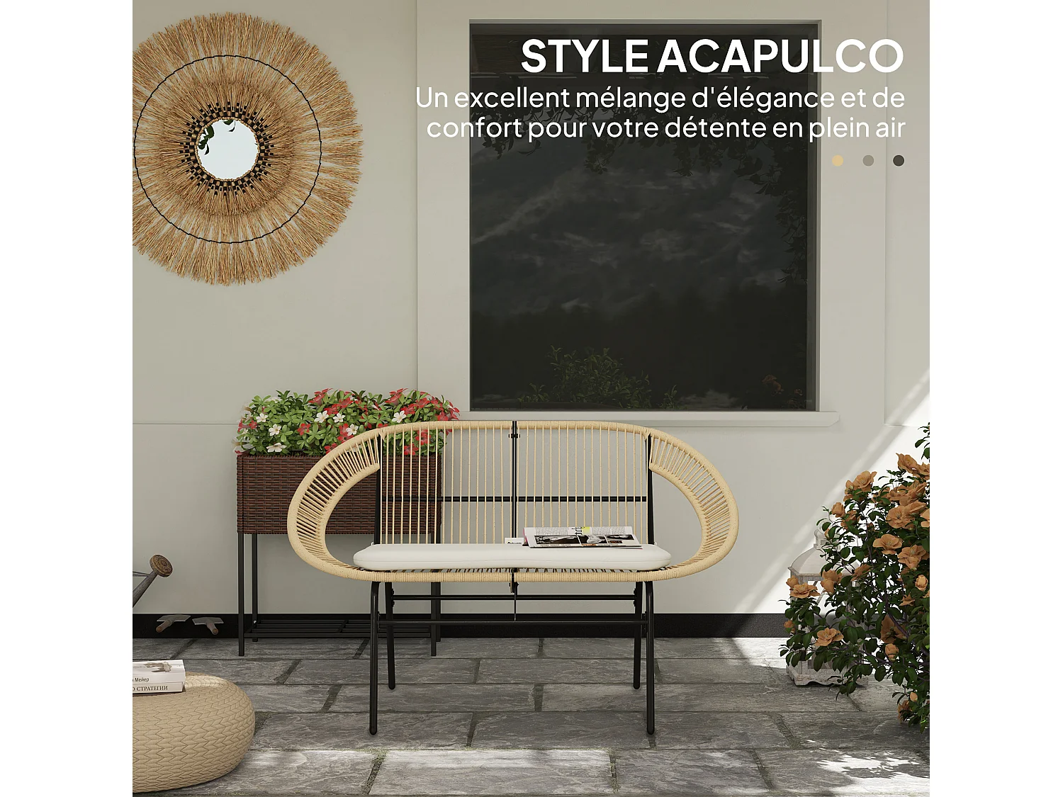 Banc de jardin 2 places style Acapulco coussin assise crème inclus résine filaire effet rotin