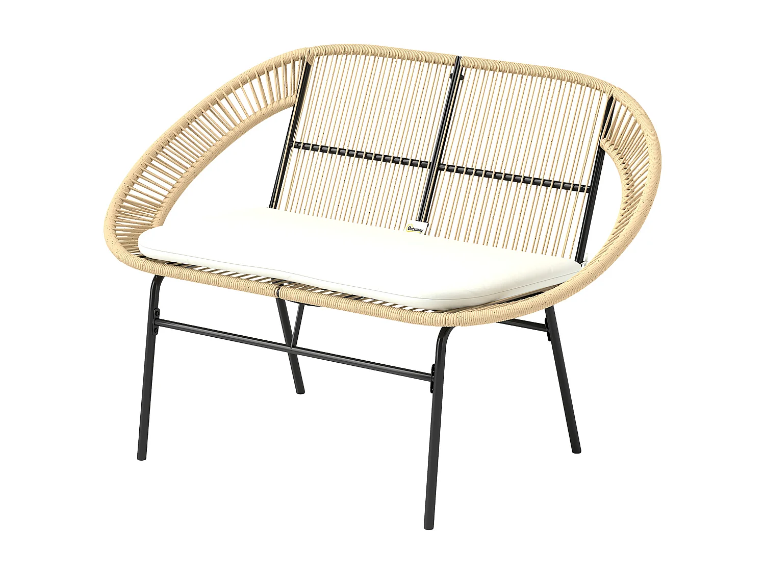 Banc de jardin 2 places style Acapulco coussin assise crème inclus résine filaire effet rotin