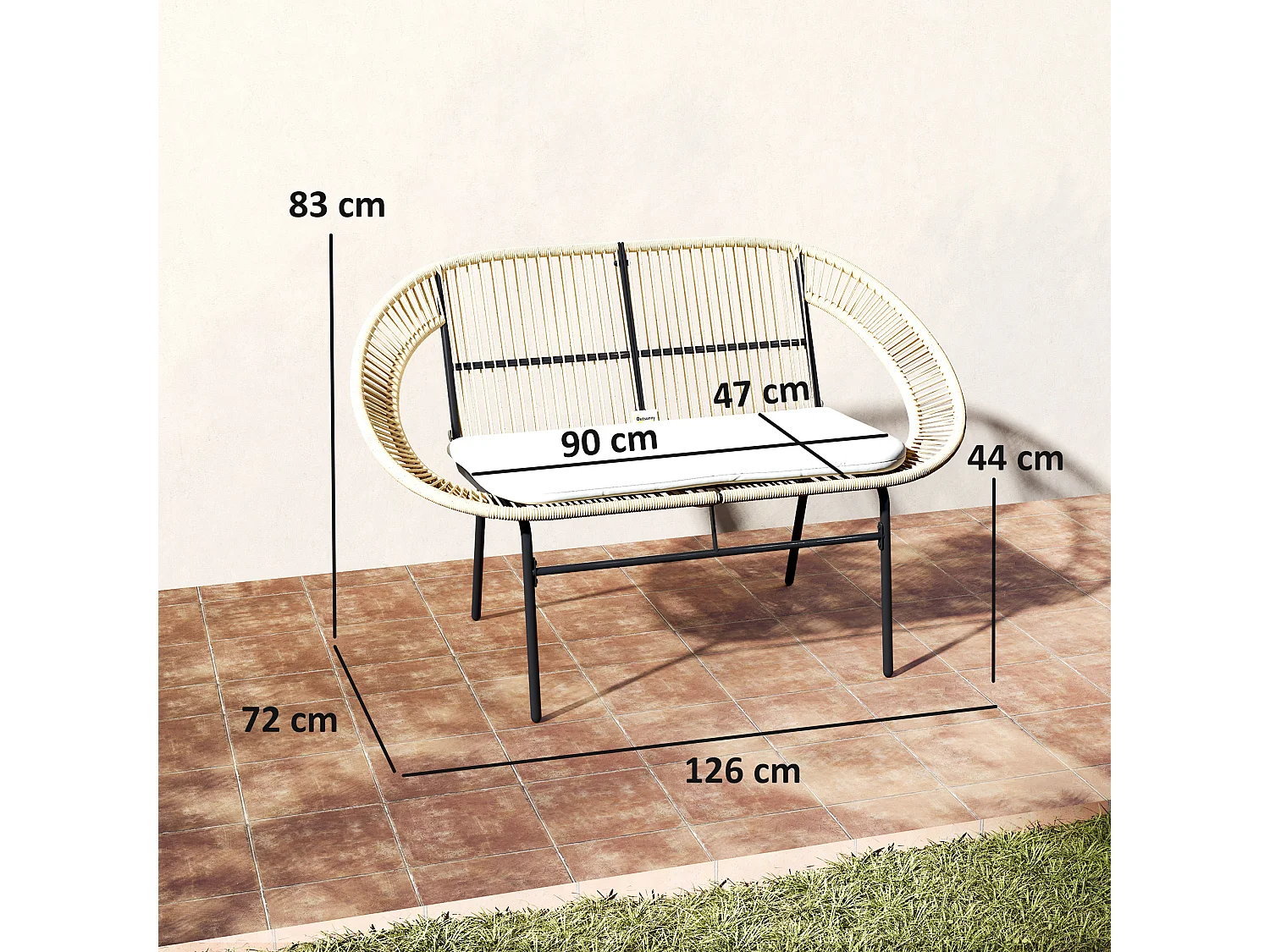 Banc de jardin 2 places style Acapulco coussin assise crème inclus résine filaire effet rotin