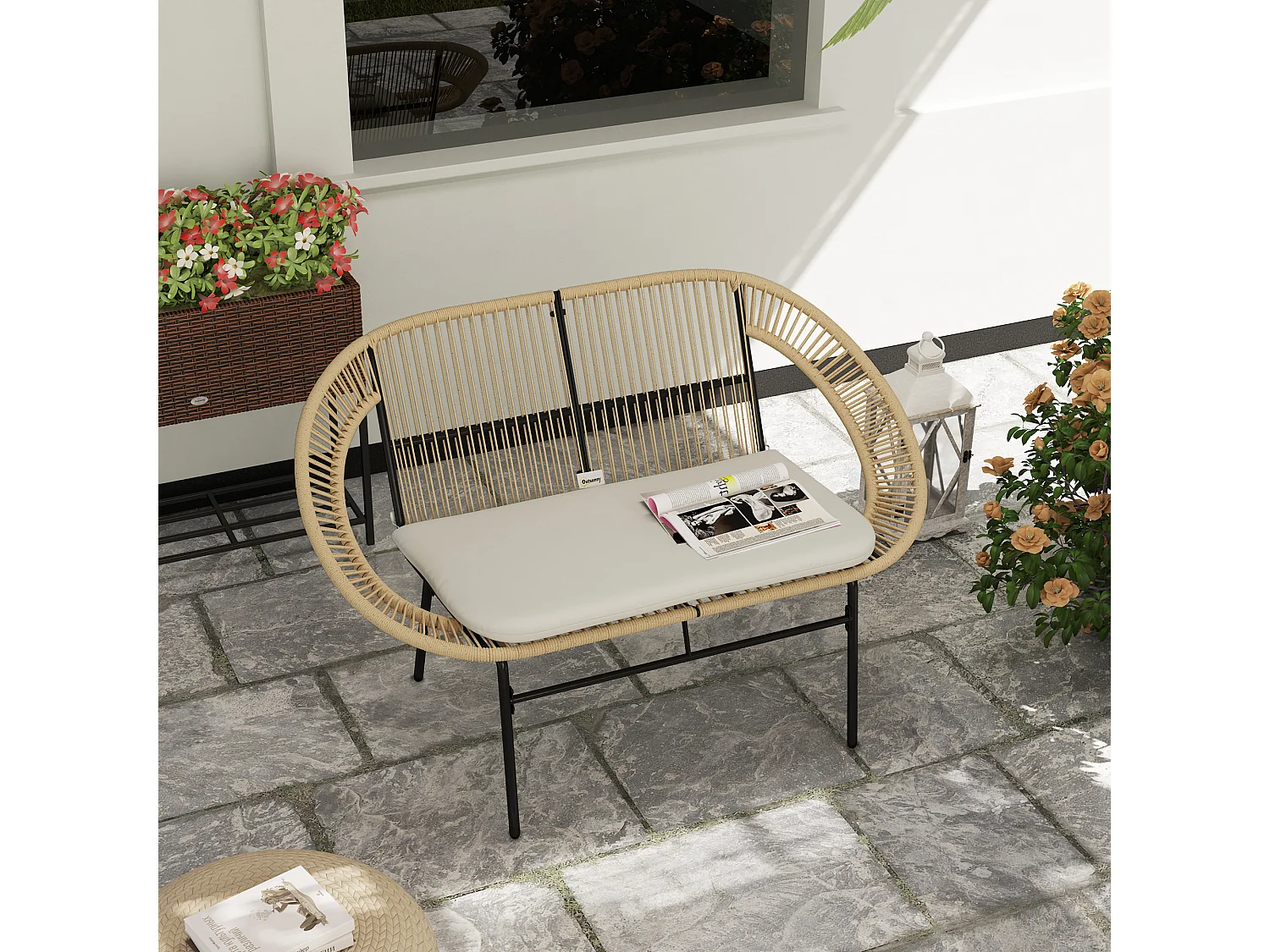 Banc de jardin 2 places style Acapulco coussin assise crème inclus résine filaire effet rotin