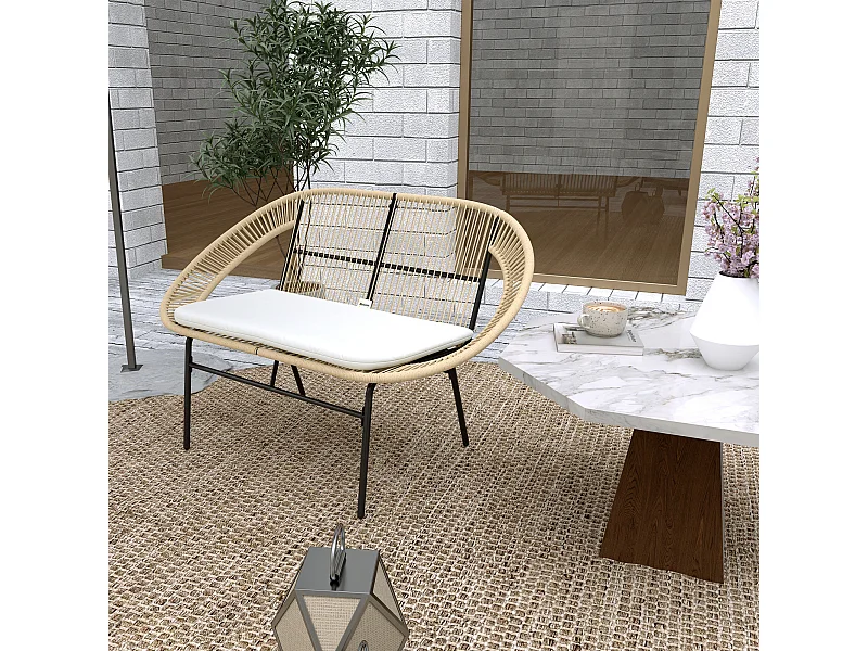 Banc de jardin 2 places style Acapulco coussin assise crème inclus résine filaire effet rotin