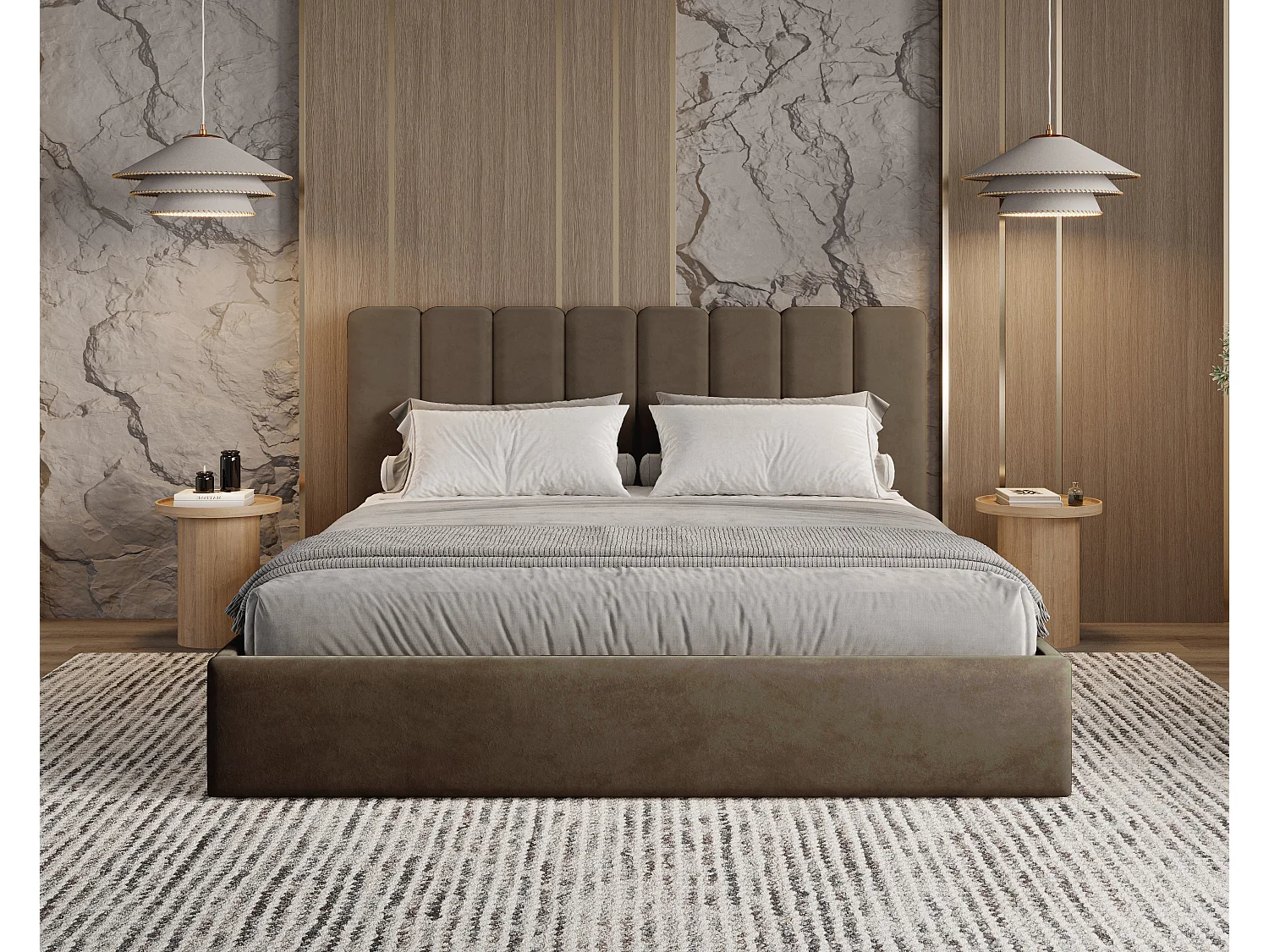 BESILIO Lit tapissé avec coffre de rangement 160x200 Nuvia – lit fin avec tête de lit moelleuse et cadre en métal – Marron