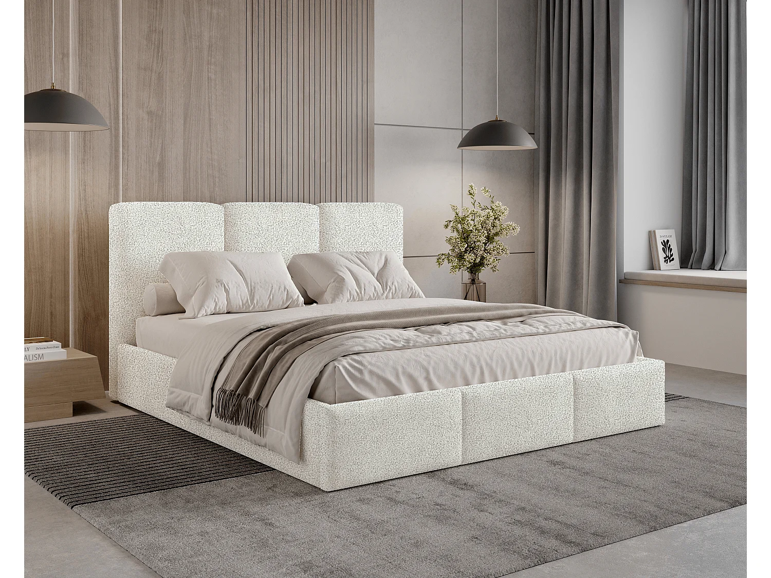 Gestoffeerd bed 160x200 Elora bouclé – bed met opbergruimte en lattenbodem, modern opbergbed, slaapkamerbed, trendy bouclé stof – Crème