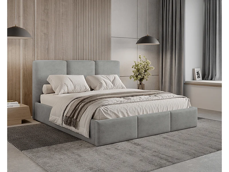 BESILIO Lit tapissé avec coffre de rangement 200x200 Elora – lit fin avec tête de lit décorative et cadre en métal – Gris