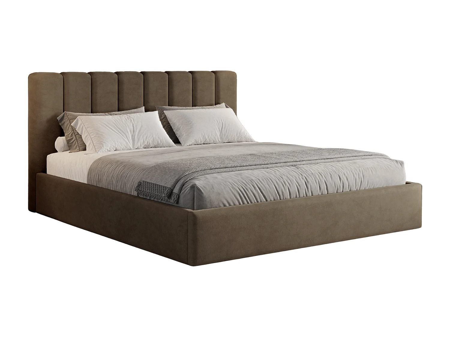 BESILIO Lit tapissé avec coffre de rangement 140x200 Nuvia – lit fin avec tête de lit moelleuse et cadre en métal – Marron