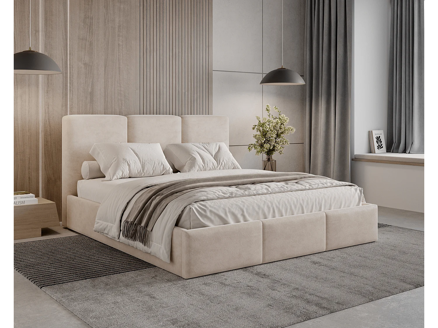 BESILIO Lit tapissé avec coffre de rangement 120x200 Elora – lit fin avec tête de lit décorative et cadre en métal – Beige