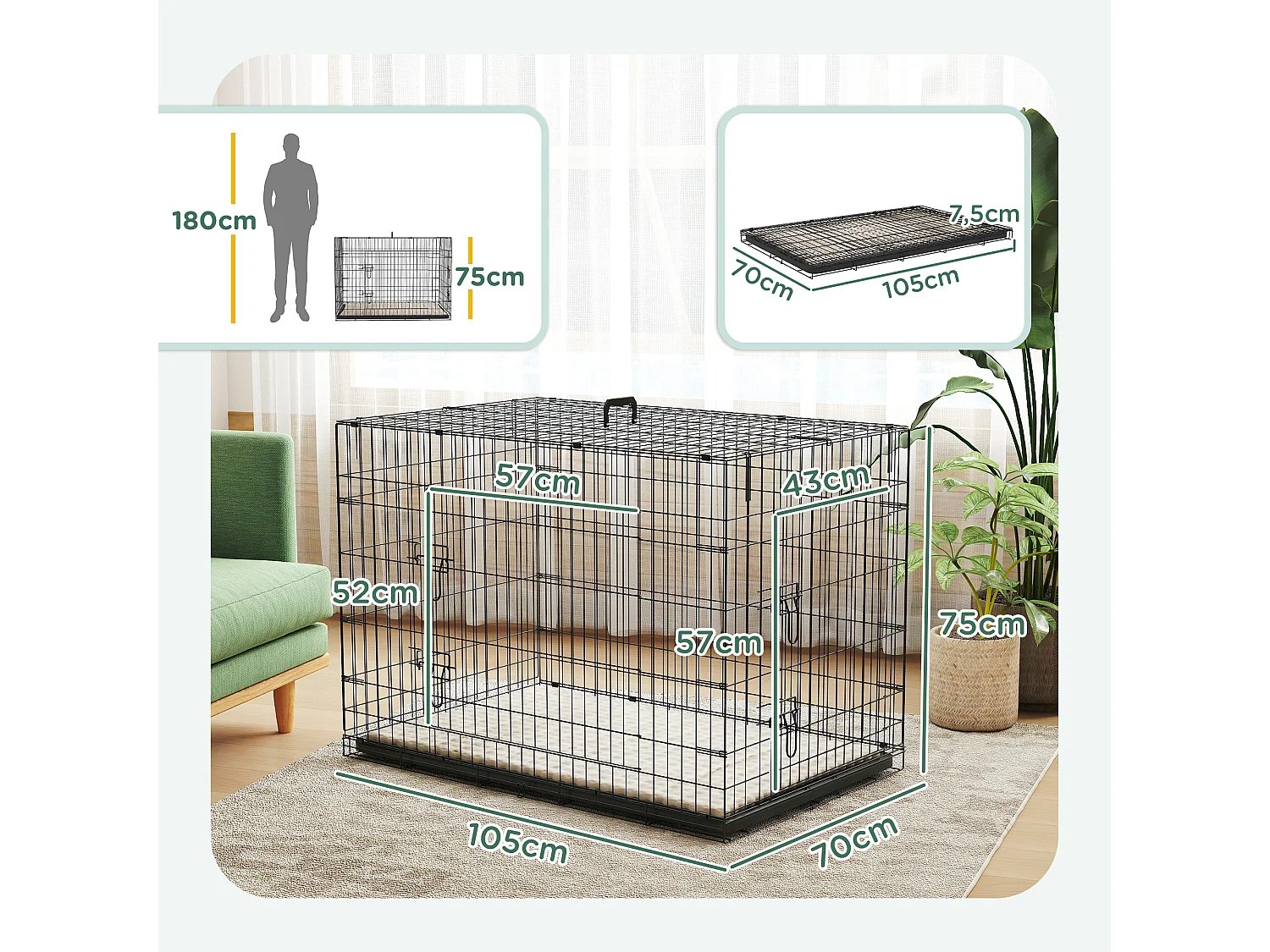 Cage caisse de transport pliable pour chien 105 x 70 x 75 cm avec coussin