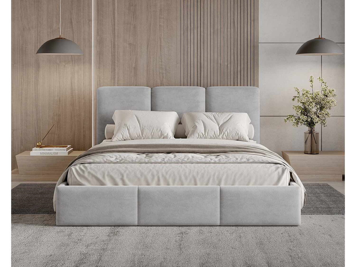 BESILIO Łóżko tapicerowane z pojemnikiem 180x200 Elora - Łóżko slim, ozdobne wezgłowie, stelaż metalowy- Jasnoszary