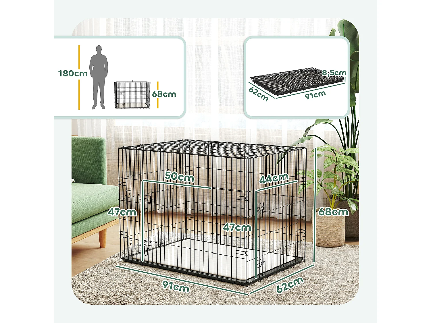 Cage caisse de transport pliable pour chien 91 x 62 x 68 cm avec coussin