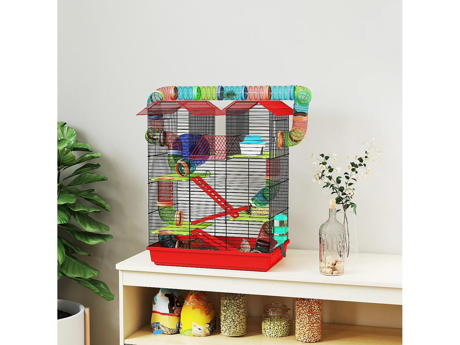 Cage pour hamster souris petits animaux rongeur avec tunnel mangeoire roue jouet 47 x 30 x 59 cm cm rouge
