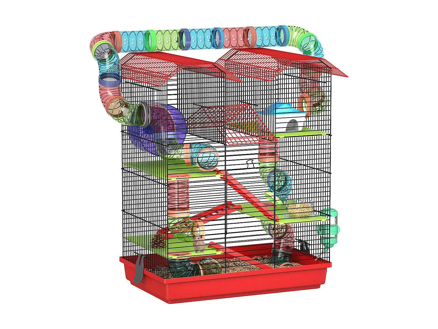 Cage pour hamster souris petits animaux rongeur avec tunnel mangeoire roue jouet 47 x 30 x 59 cm cm rouge