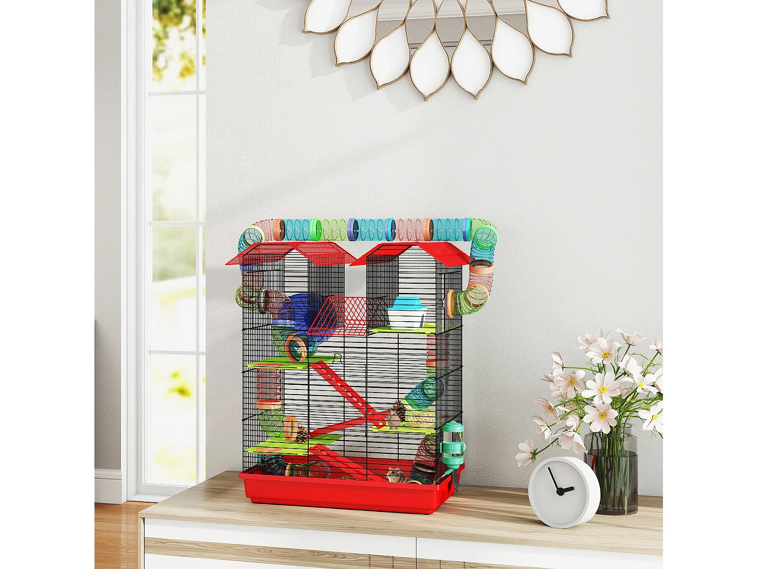 Cage pour hamster souris petits animaux rongeur avec tunnel mangeoire roue jouet 47 x 30 x 59 cm cm rouge