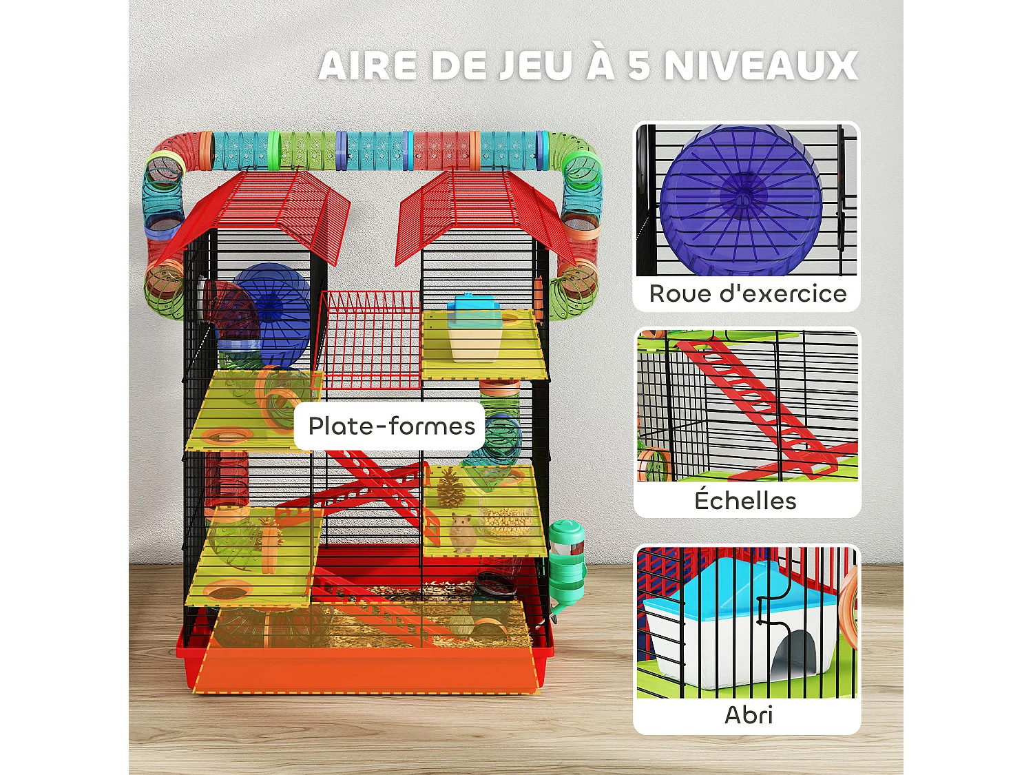 Cage pour hamster souris petits animaux rongeur avec tunnel mangeoire roue jouet 47 x 30 x 59 cm cm rouge