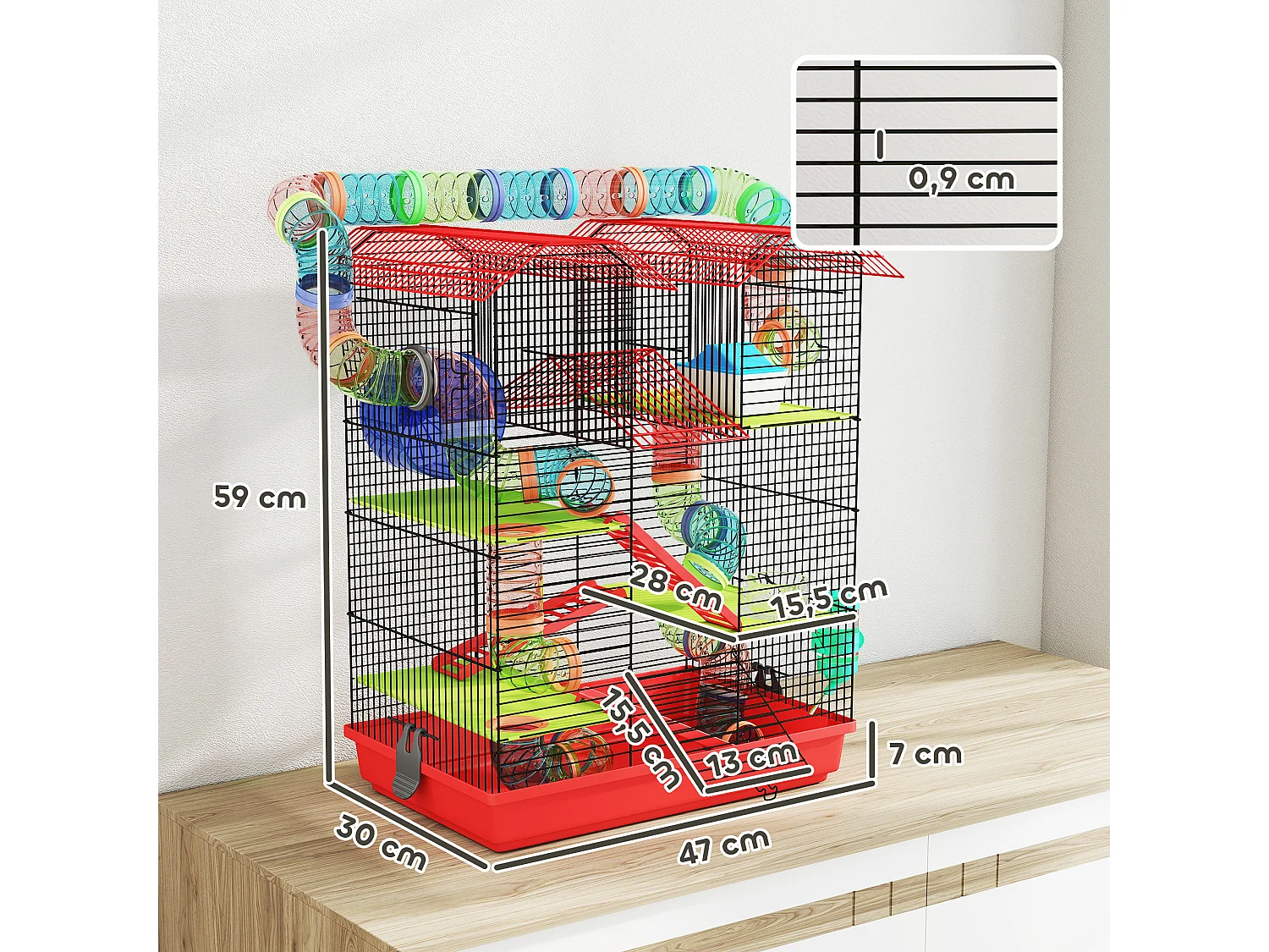 Cage pour hamster souris petits animaux rongeur avec tunnel mangeoire roue jouet 47 x 30 x 59 cm cm rouge