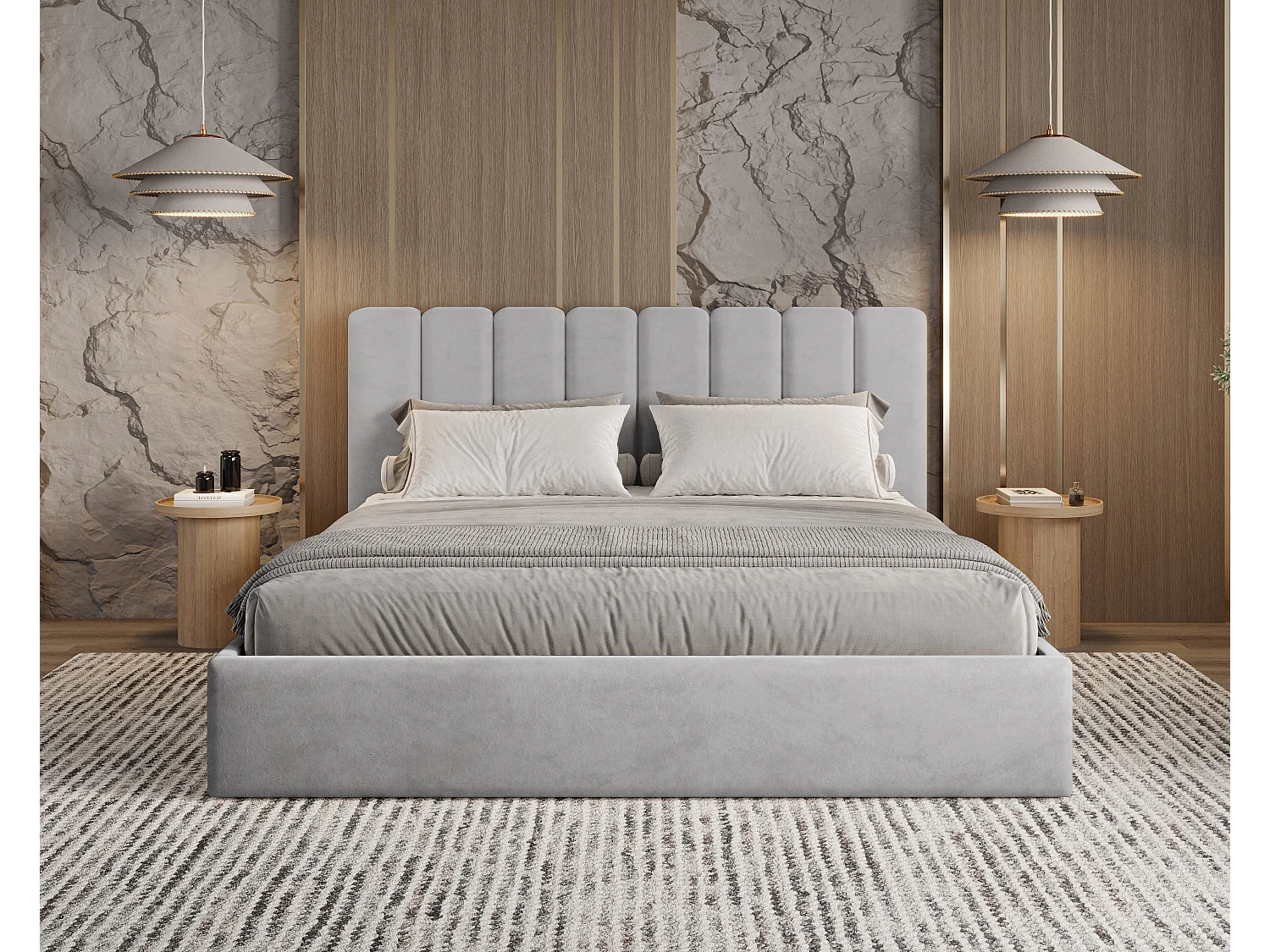 BESILIO Polsterbett mit Stauraum 160x200 Nuvia – schlankes Bett mit weichem Kopfteil und Metallrahmen – Hellgrau