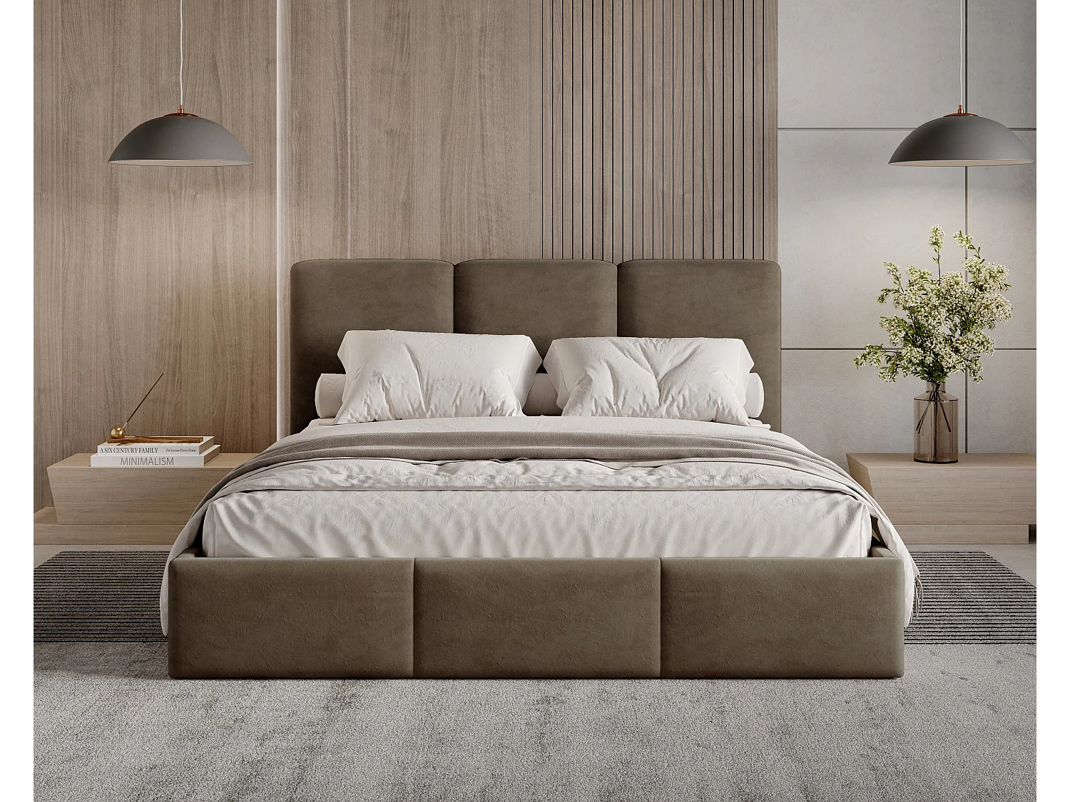 BESILIO Lit tapissé avec coffre de rangement 140x200 Mira – lit fin et minimaliste avec cadre en métal – Marron