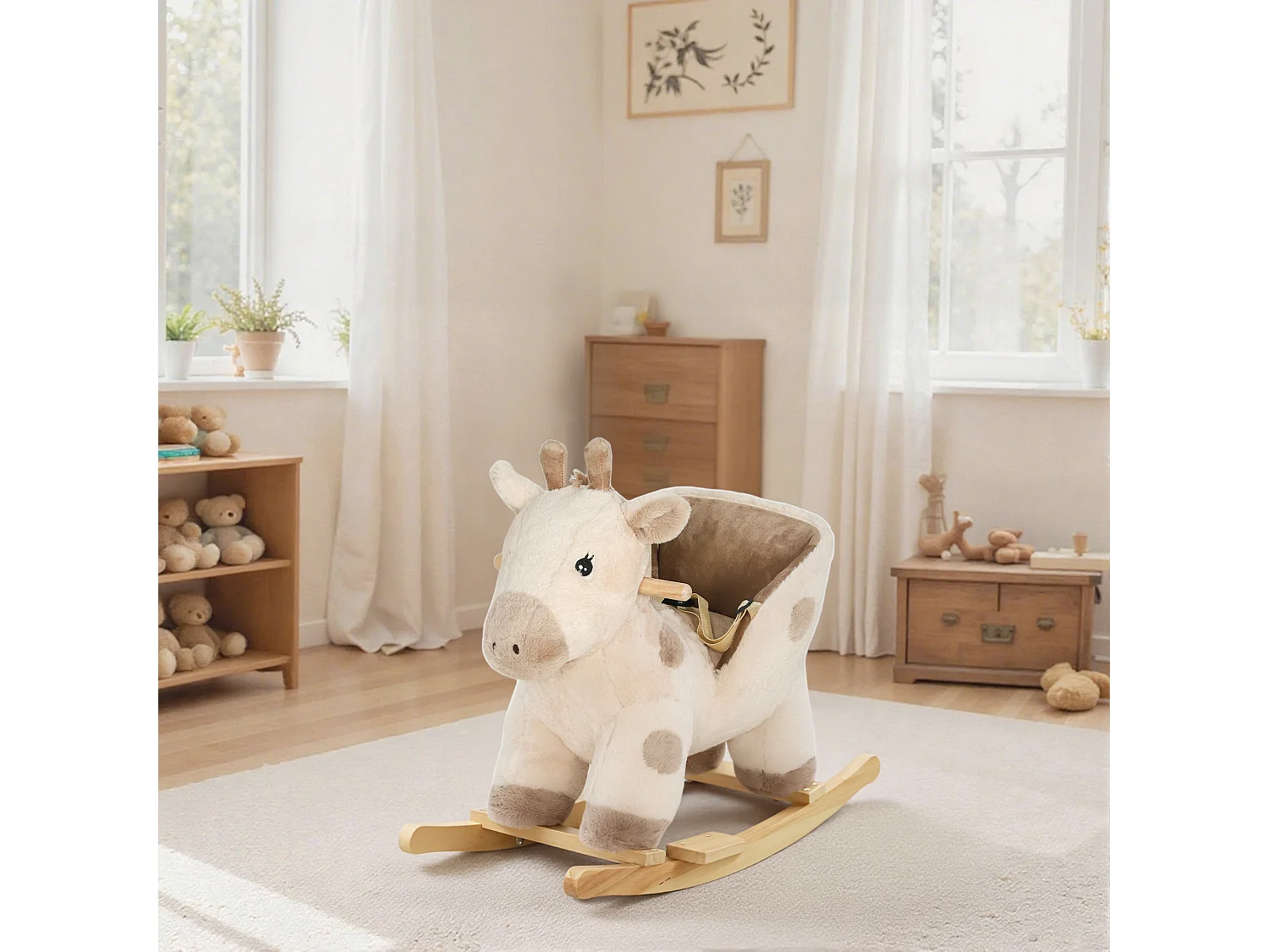 Cheval à bascule en peluche - jouet à bascule girafe - poignées, siège, ceinture réglable - beige