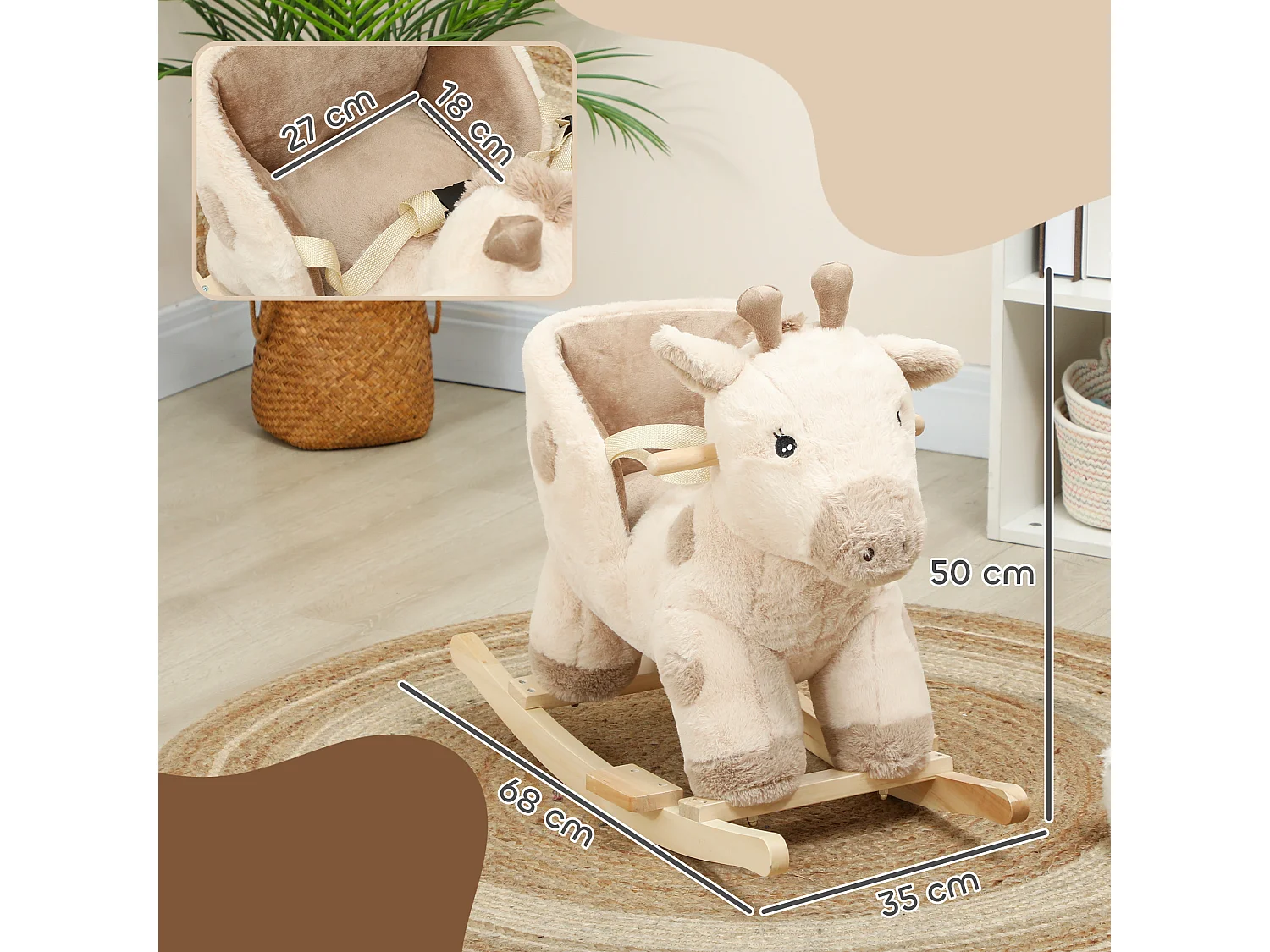 Cheval à bascule en peluche - jouet à bascule girafe - poignées, siège, ceinture réglable - beige