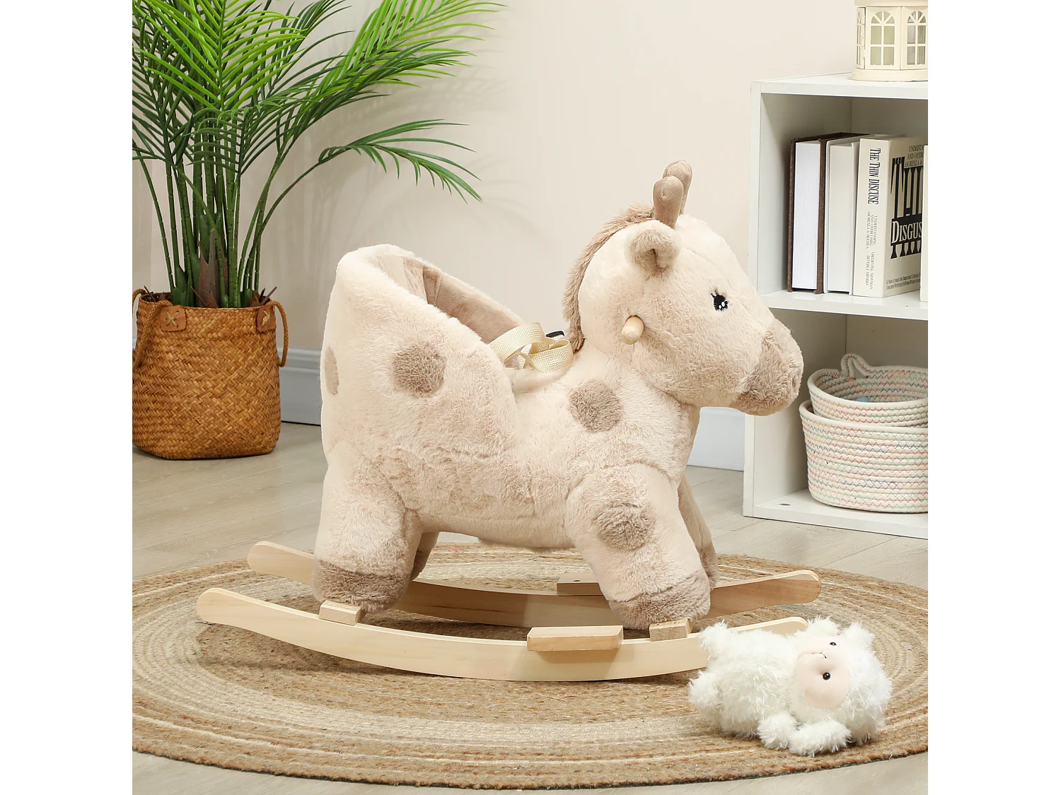 Cheval à bascule en peluche - jouet à bascule girafe - poignées, siège, ceinture réglable - beige