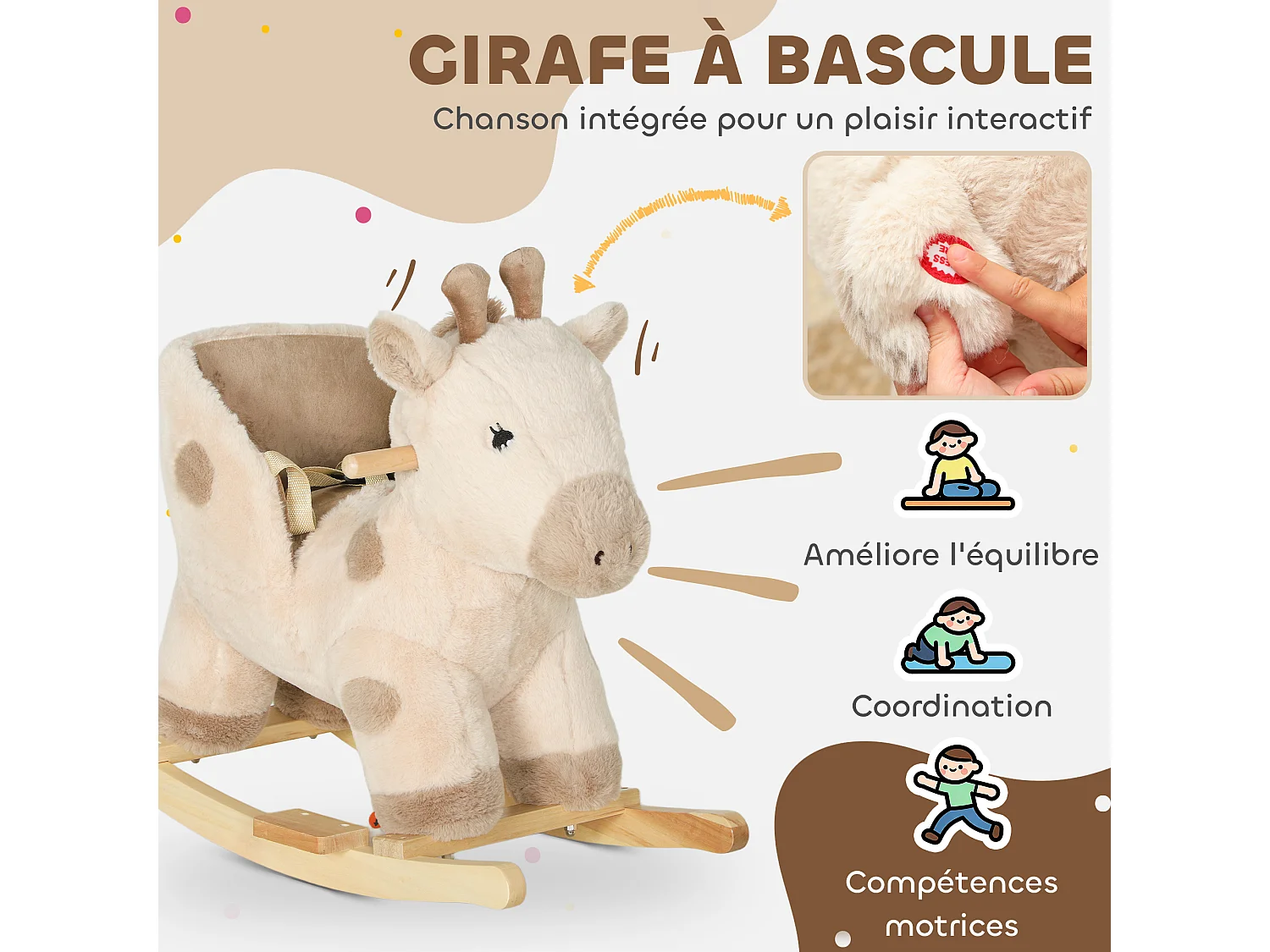 Cheval à bascule en peluche - jouet à bascule girafe - poignées, siège, ceinture réglable - beige