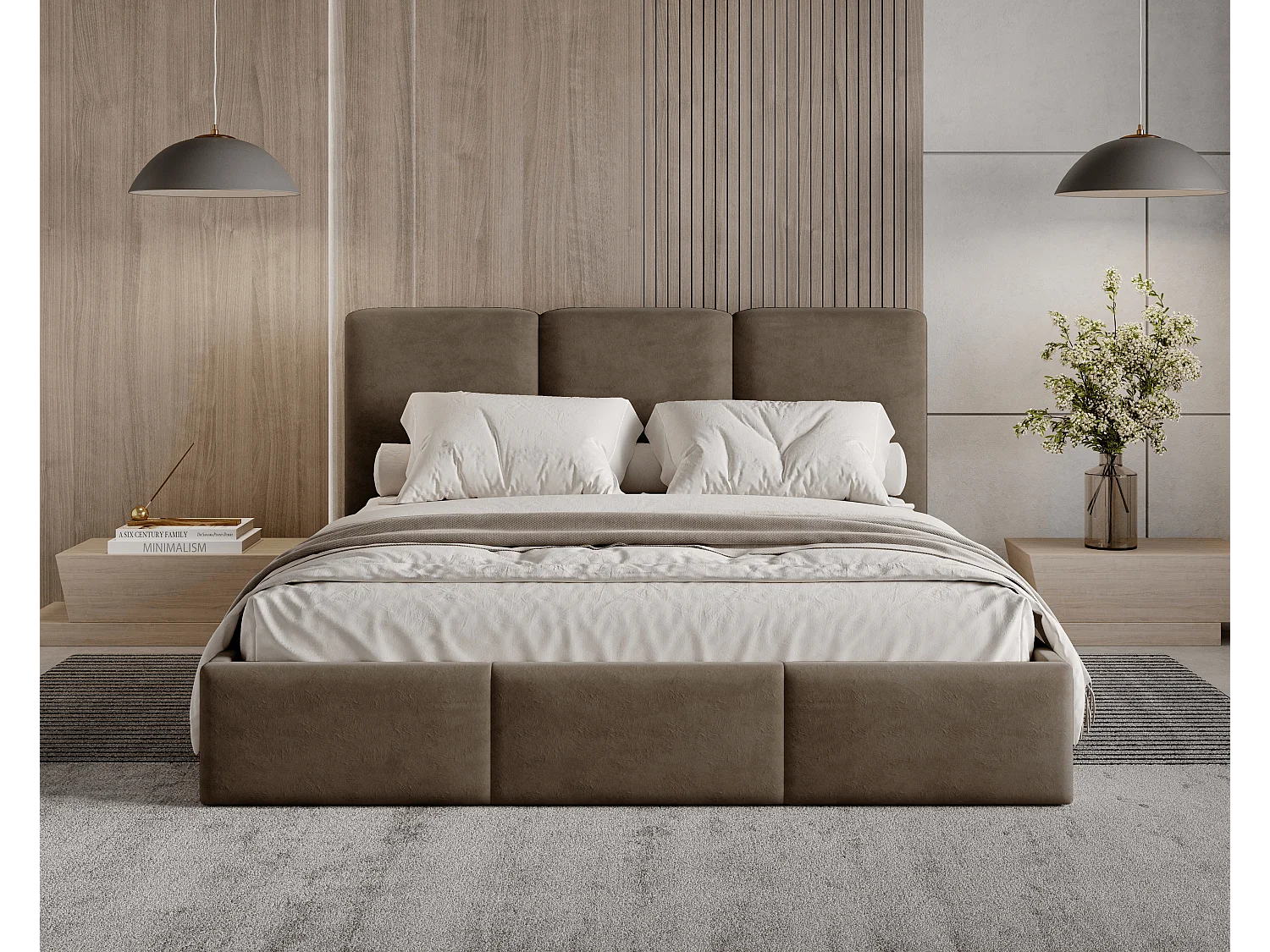 BESILIO Lit tapissé avec coffre de rangement 120x200 Elora – lit fin avec tête de lit décorative et cadre en métal – Marron