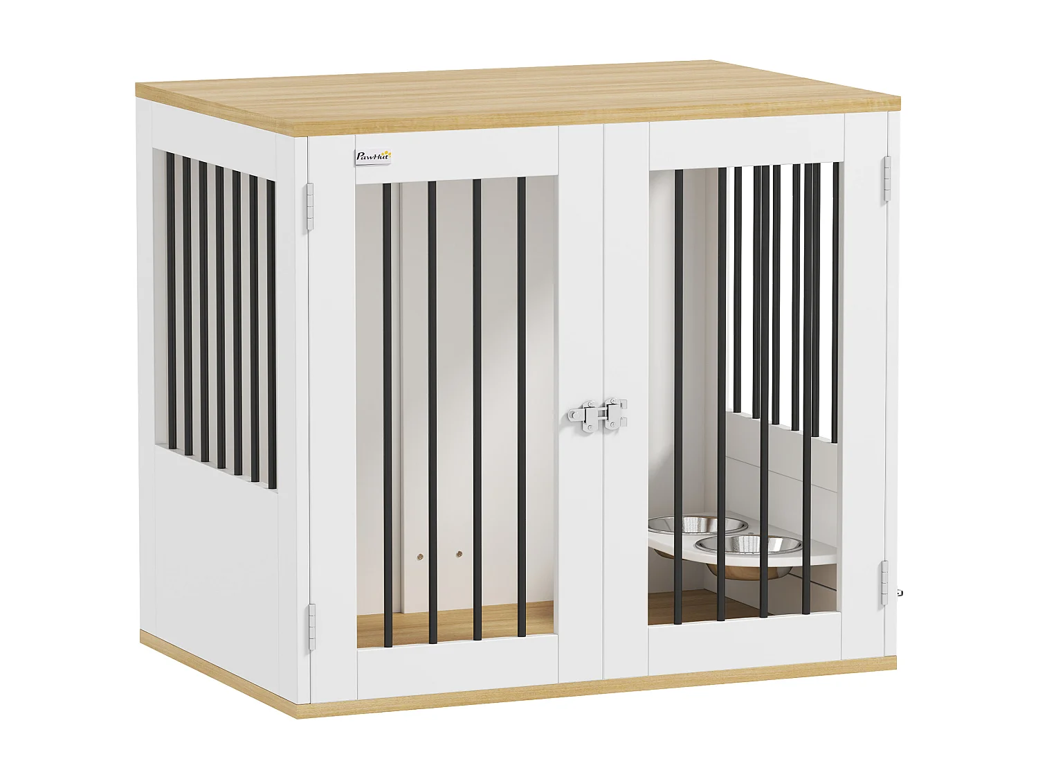 Cage pour chien en bois - 2 portes verrouillables, 2 gamelles rotatives  - 80 x 55 x 71 cm - blanc effet bois clair