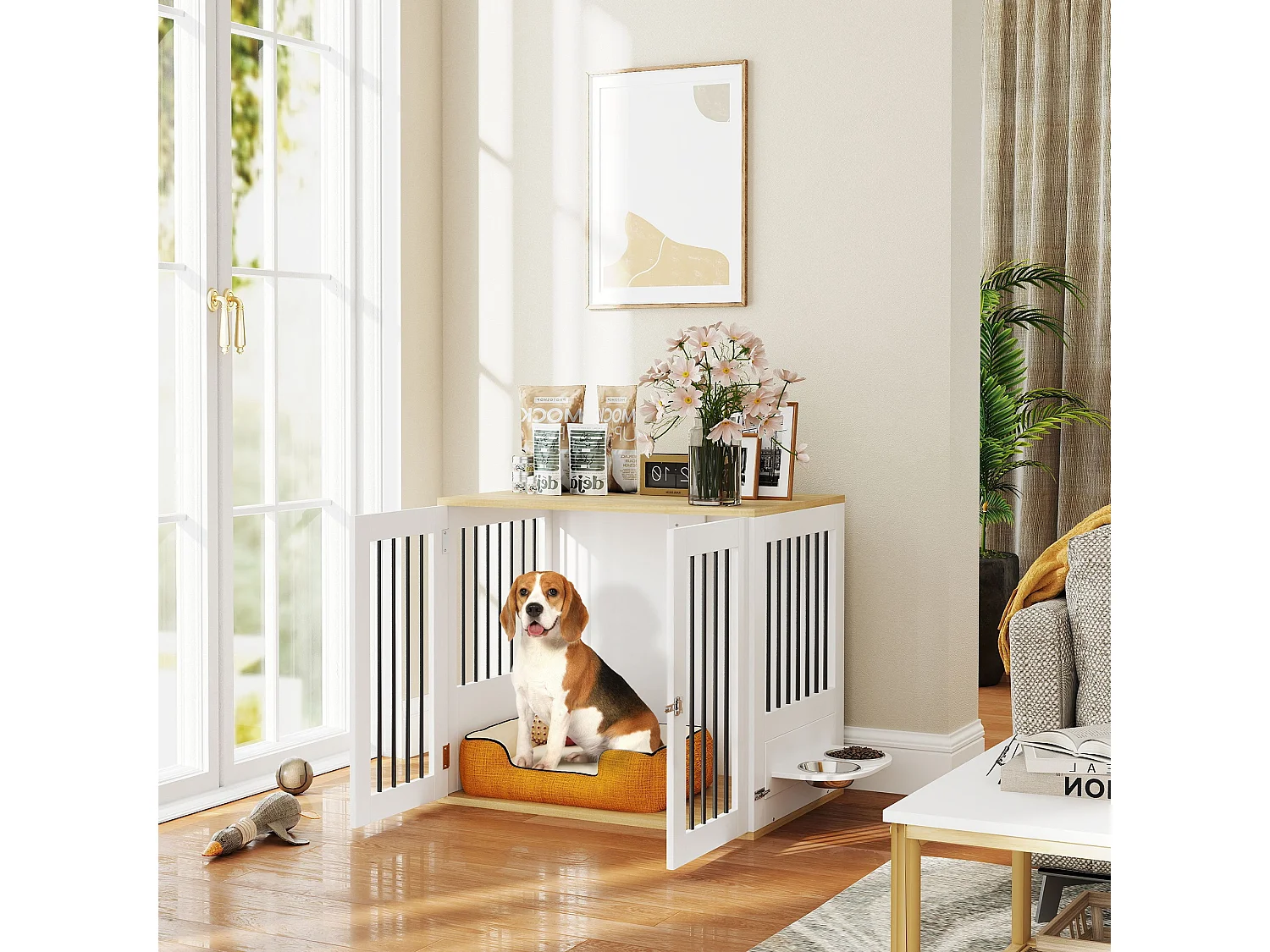 Cage pour chien en bois - 2 portes verrouillables, 2 gamelles rotatives  - 80 x 55 x 71 cm - blanc effet bois clair