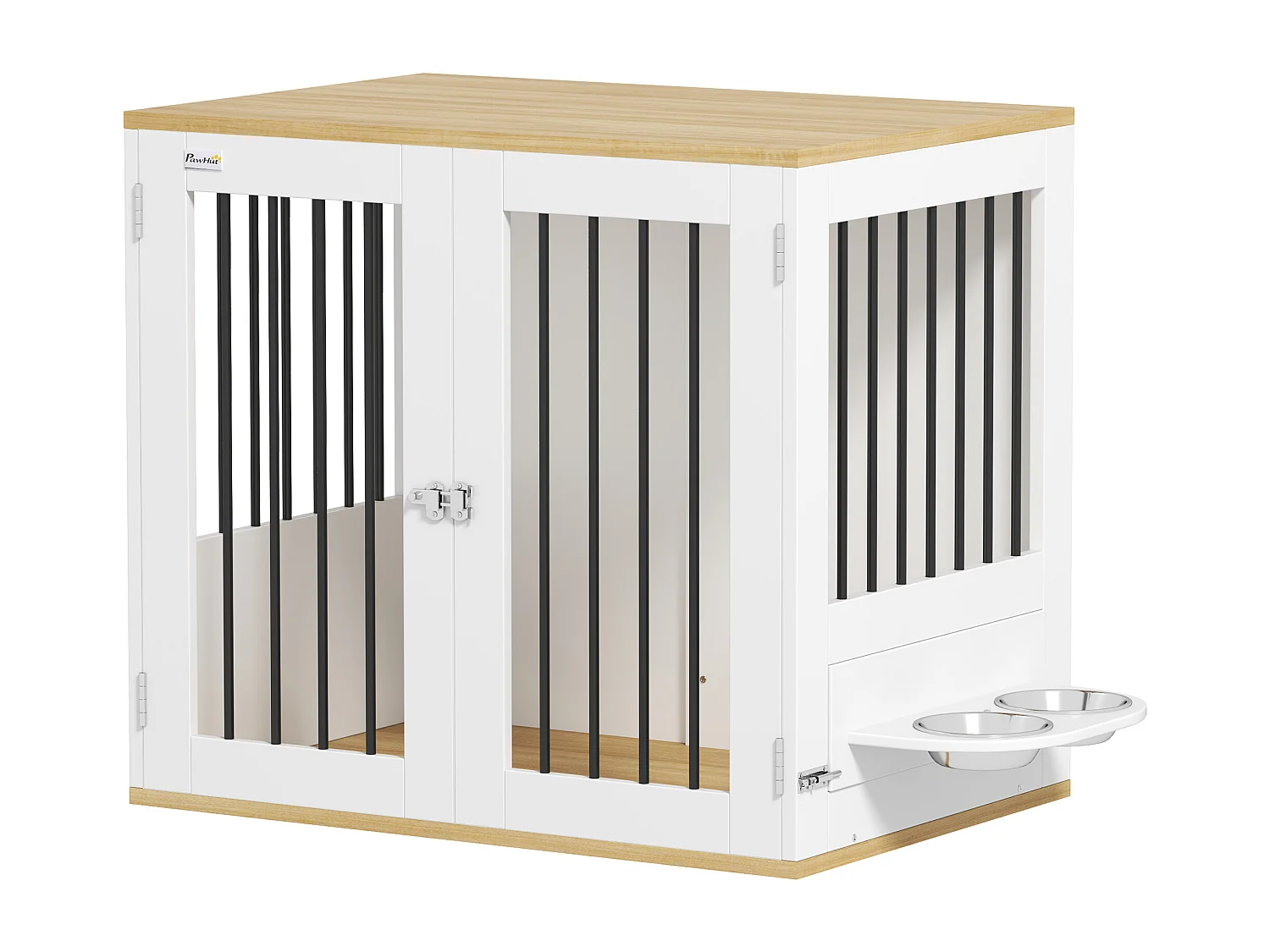 Cage pour chien en bois - 2 portes verrouillables, 2 gamelles rotatives  - 80 x 55 x 71 cm - blanc effet bois clair