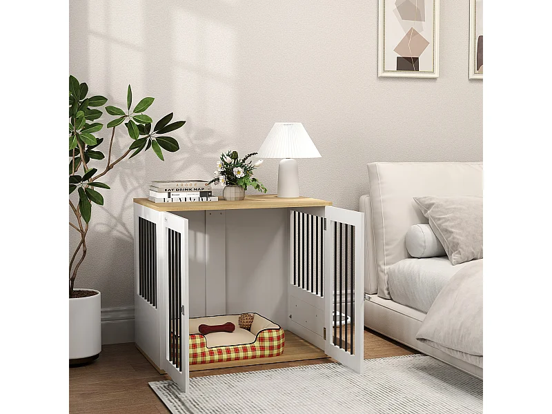 Cage pour chien en bois - 2 portes verrouillables, 2 gamelles rotatives  - 80 x 55 x 71 cm - blanc effet bois clair