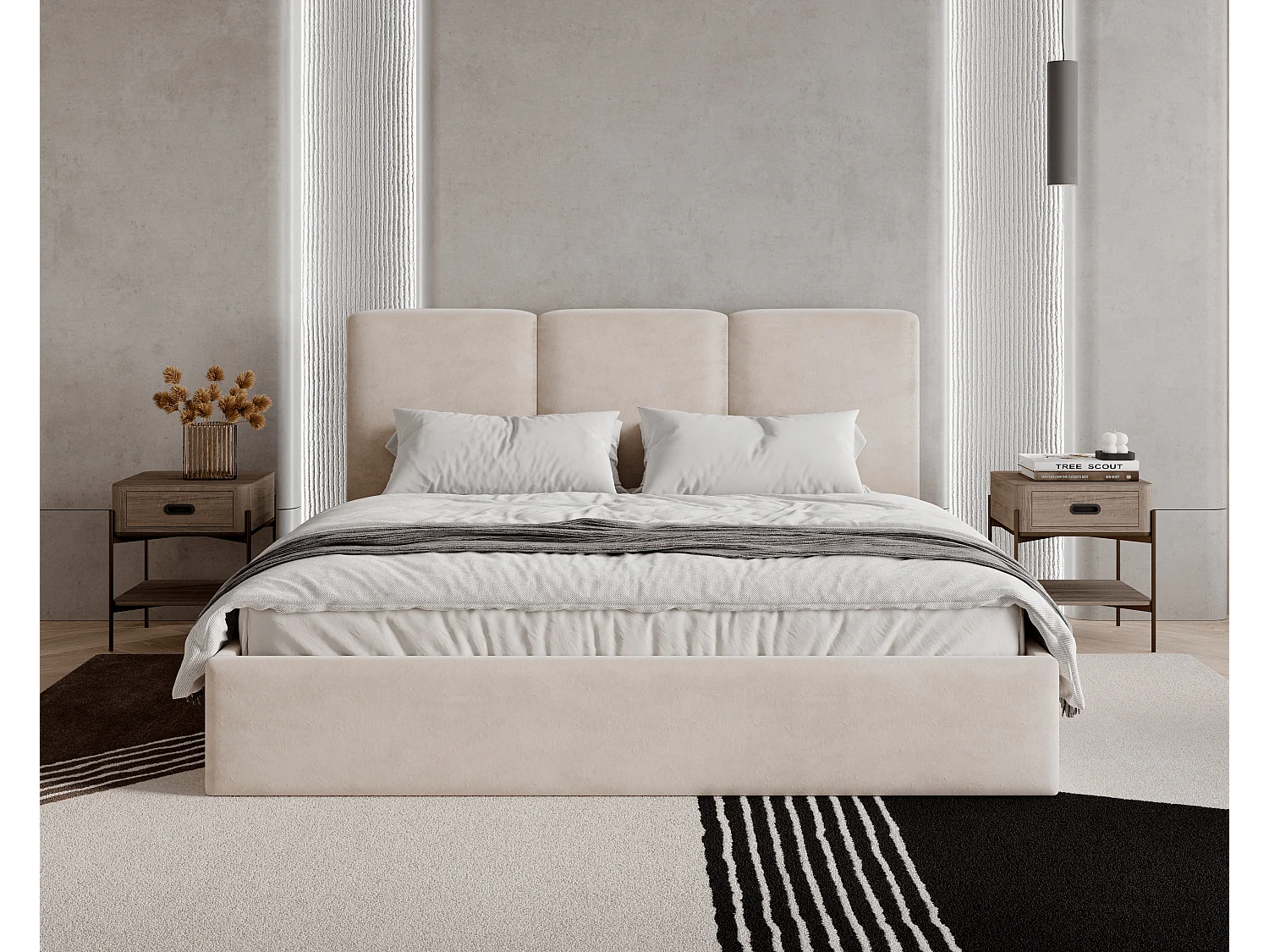 BESILIO Lit tapissé avec coffre de rangement 120x200 Mira – lit fin et minimaliste avec cadre en métal – Beige