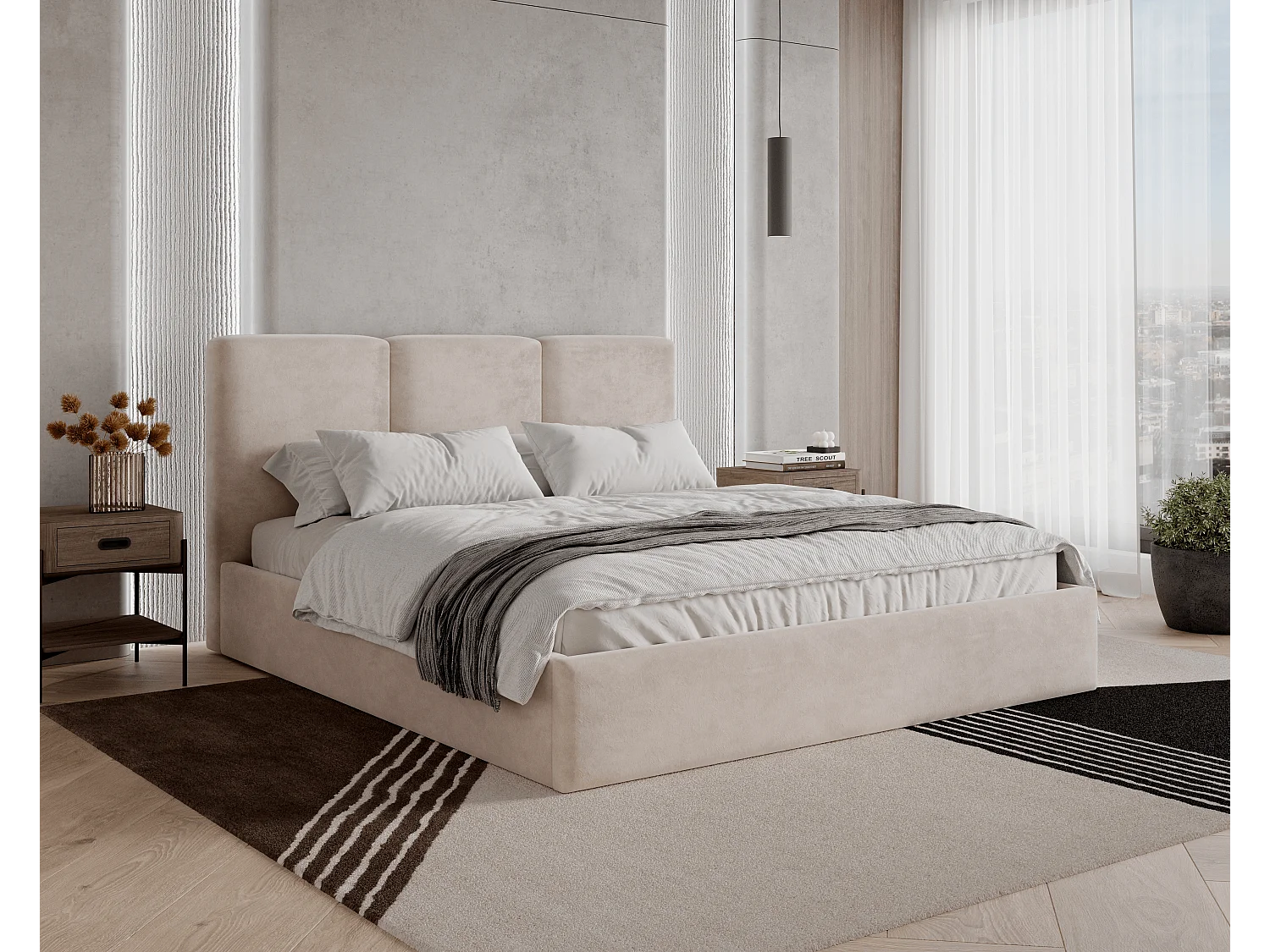 BESILIO Lit tapissé avec coffre de rangement 180x200 Mira – lit fin et minimaliste avec cadre en métal – Beige