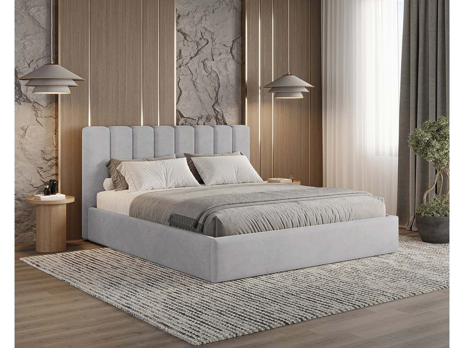 BESILIO Łóżko tapicerowane z pojemnikiem 120x200 Nuvia - Łóżko slim, miękkie wezgłowie, stelaż metalowy- Jasnoszary