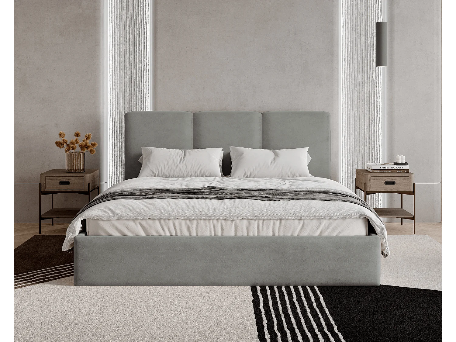 BESILIO Lit tapissé avec coffre de rangement 180x200 Mira – lit fin et minimaliste avec cadre en métal – Gris