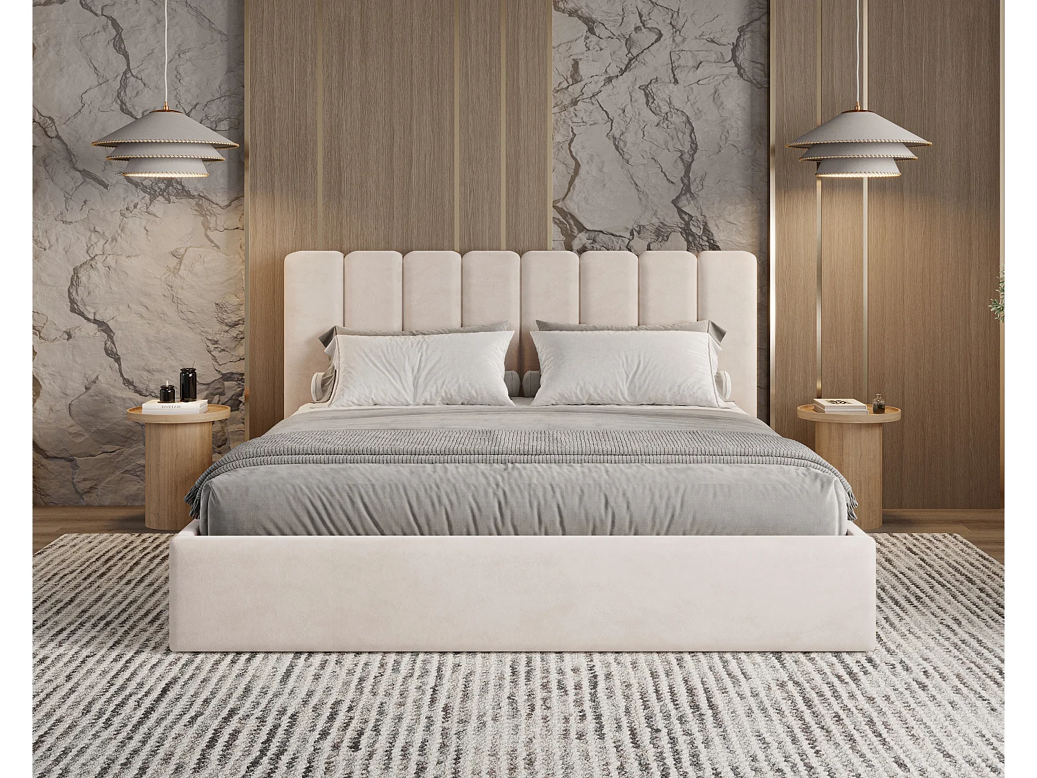 BESILIO Polsterbett mit Stauraum 180x200 Nuvia – schlankes Bett mit weichem Kopfteil und Metallrahmen – Beige