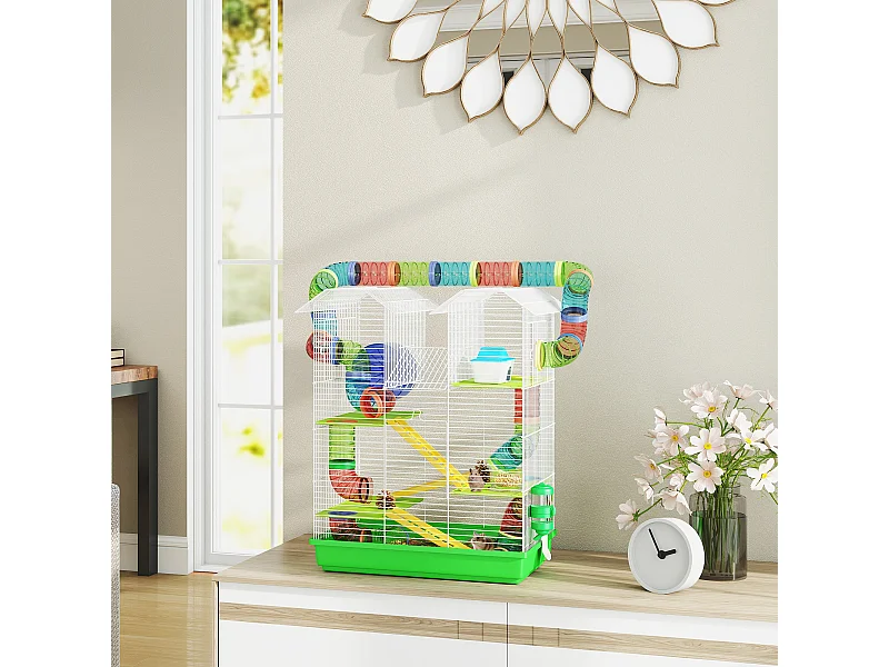 Cage pour hamster souris petits animaux rongeur avec tunnel mangeoire roue jouet 47 x 30 x 59 cm cm vert