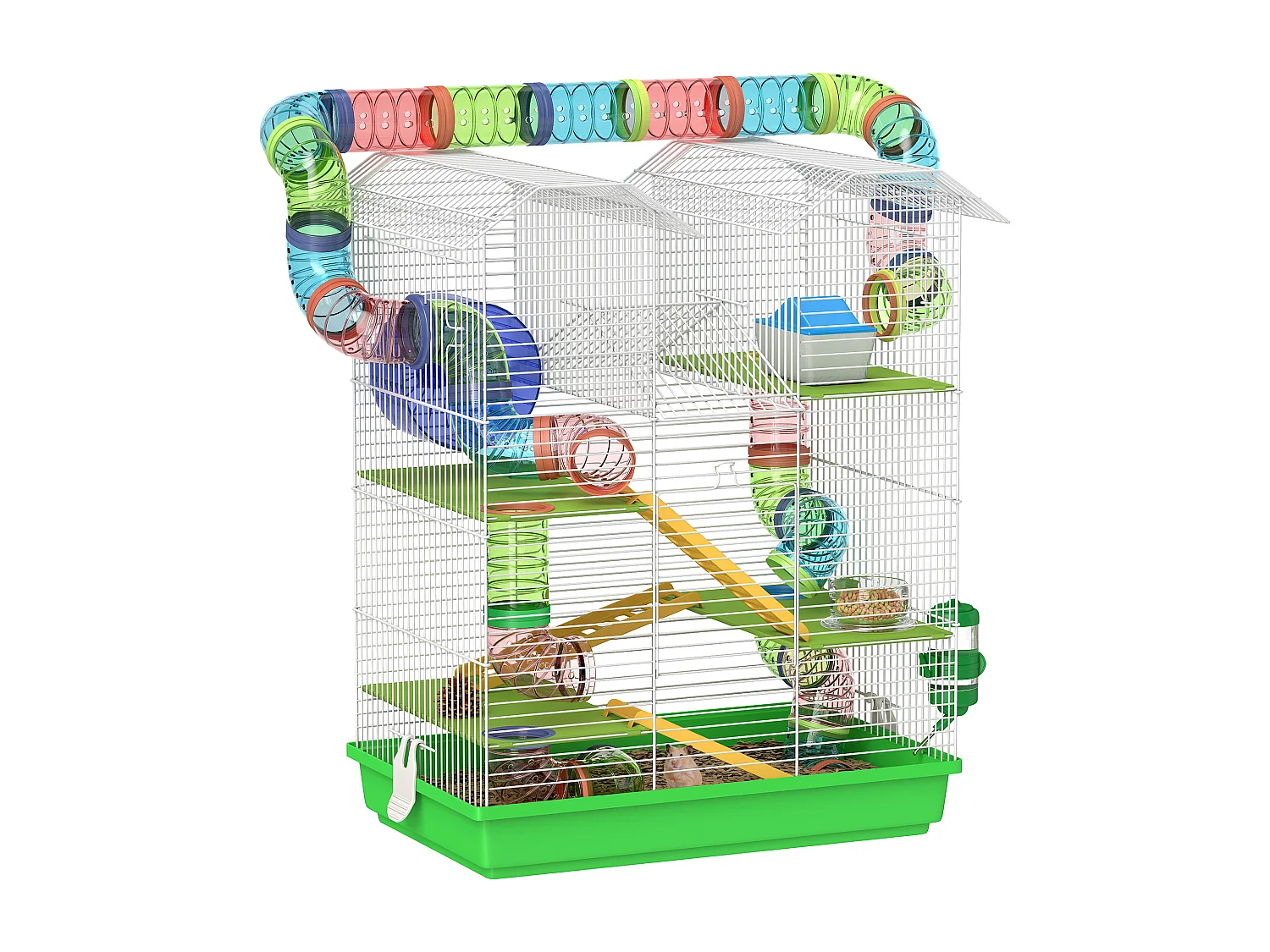 Cage pour hamster souris petits animaux rongeur avec tunnel mangeoire roue jouet 47 x 30 x 59 cm cm vert