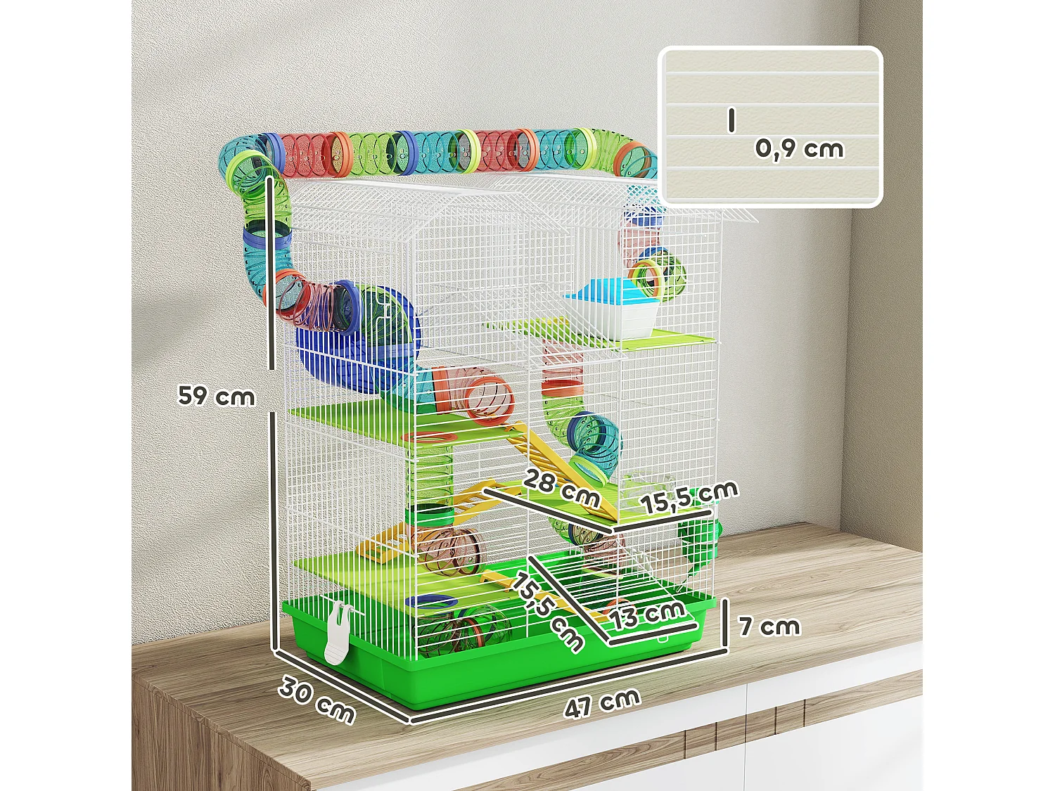 Cage pour hamster souris petits animaux rongeur avec tunnel mangeoire roue jouet 47 x 30 x 59 cm cm vert